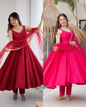 Roman Chanderi Silk Embroidered Anarkali Set – Rani Pink