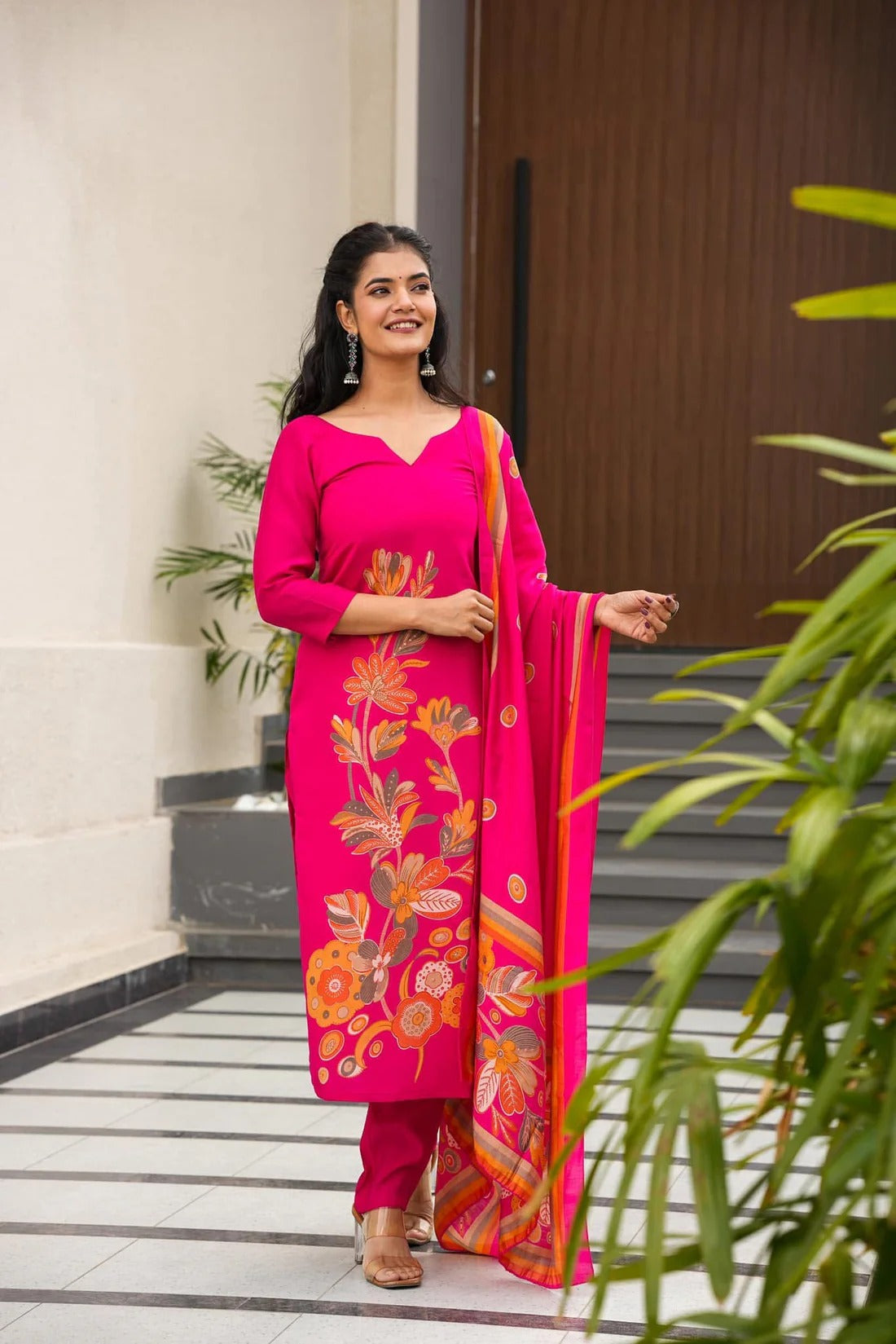 French Crepe Printed Kurta Pant Dupatta Set – Rani Pink