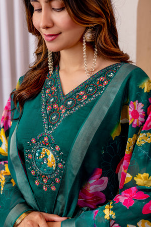 Marina Viscose Silk Embroidered Straight Kurti Set – Green