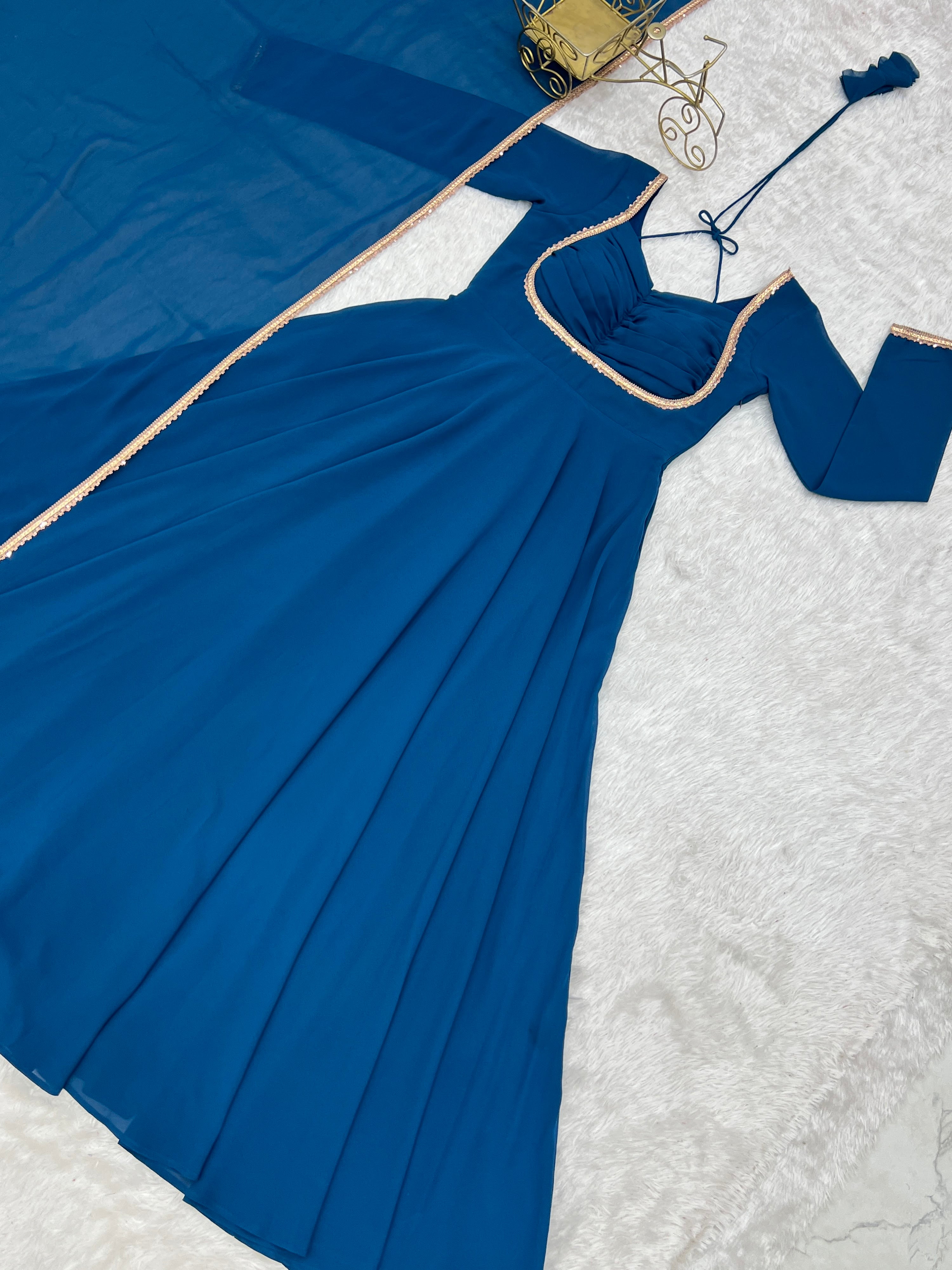 Georgette Embroidered Gown Set – Teal Blue
