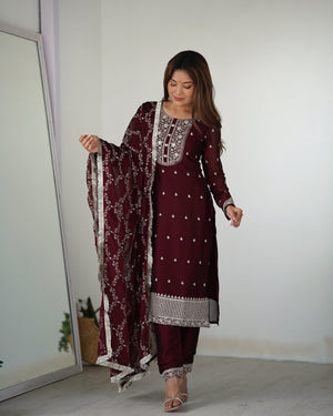 Rangoli Silk Embroidered Straight Kurta Set – Maroon