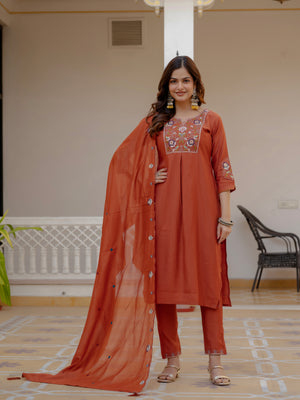 Pure Viscose Mango Silk Embroidered Straight Kurti Set – Rust