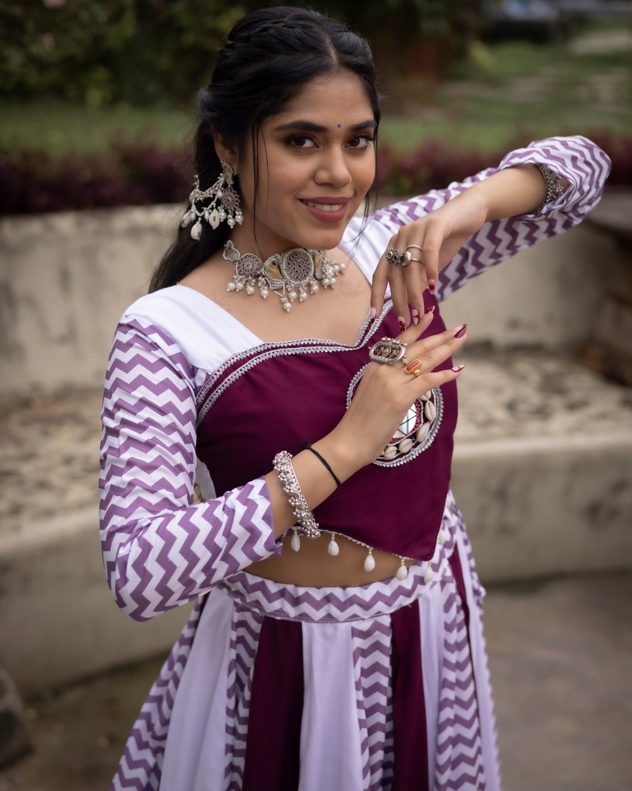 Navratri Wine White Jogni Lehenga Set