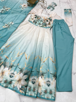 Organza Silk Printed Anarkali Set – Aqua Blue
