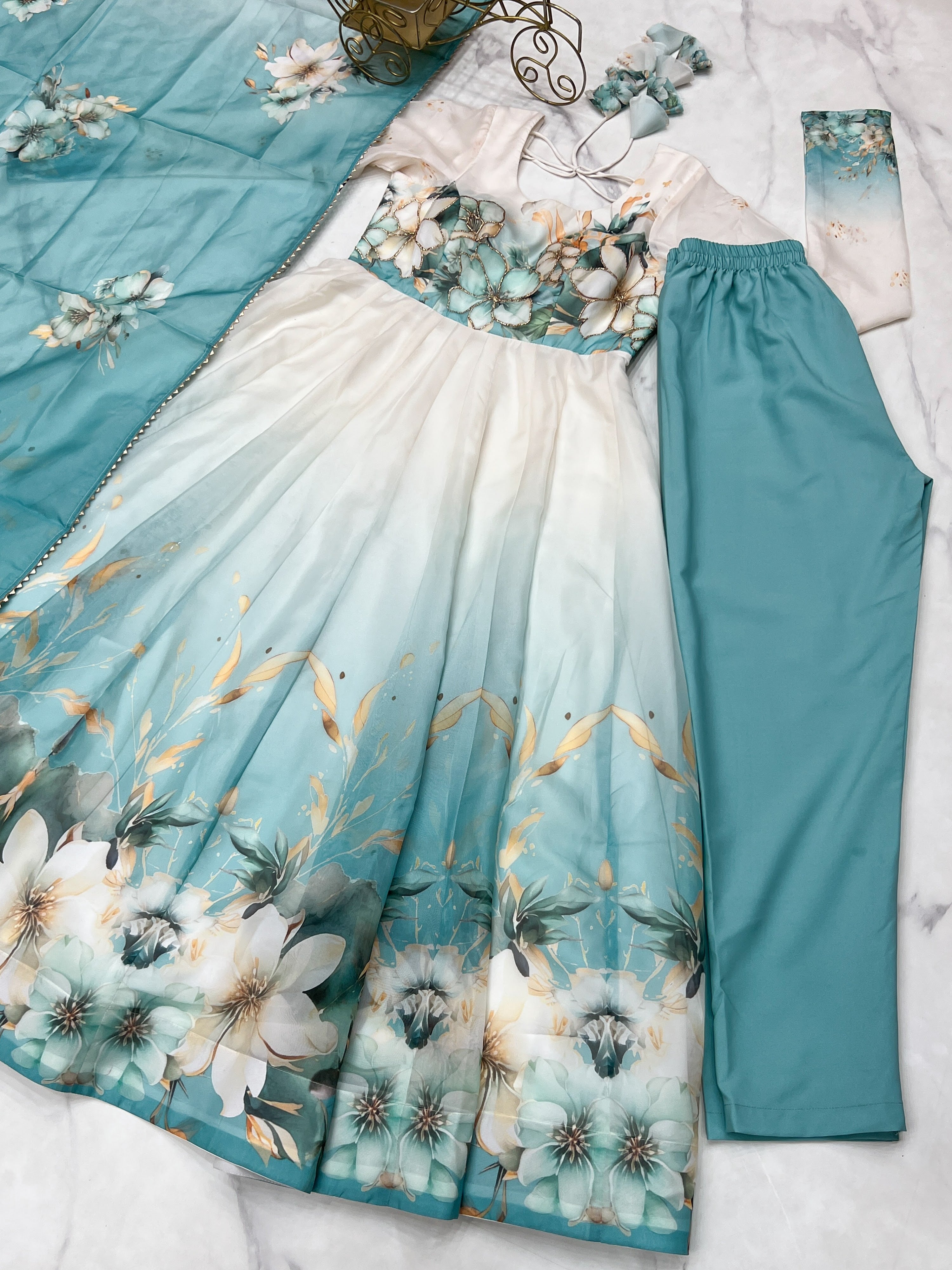 Organza Silk Printed Anarkali Set – Aqua Blue