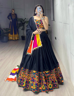 Navratri Black Gamthi Mirror Work Lehenga Set