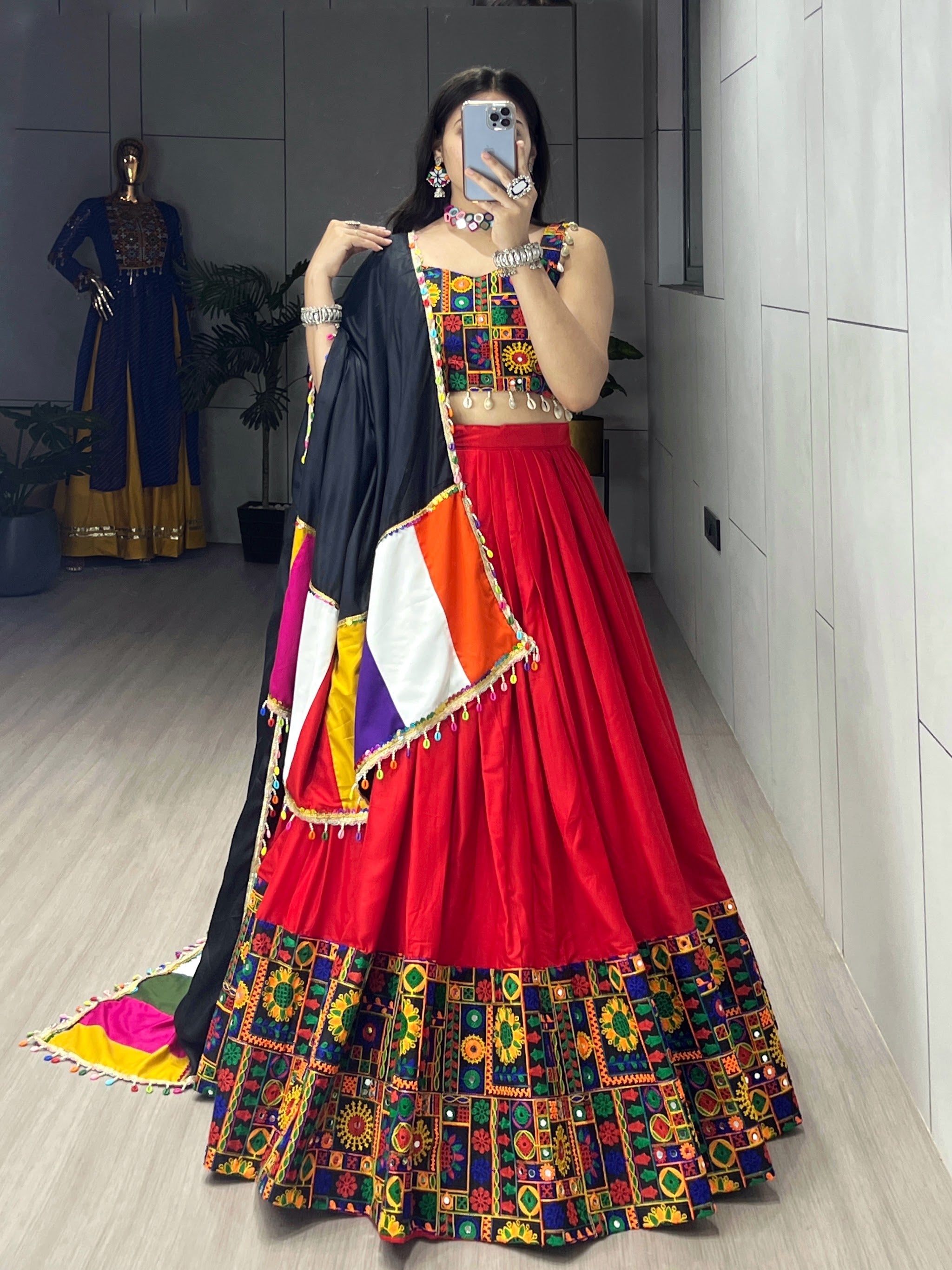 Navratri Red Gamthi Mirror Work Lehenga Set
