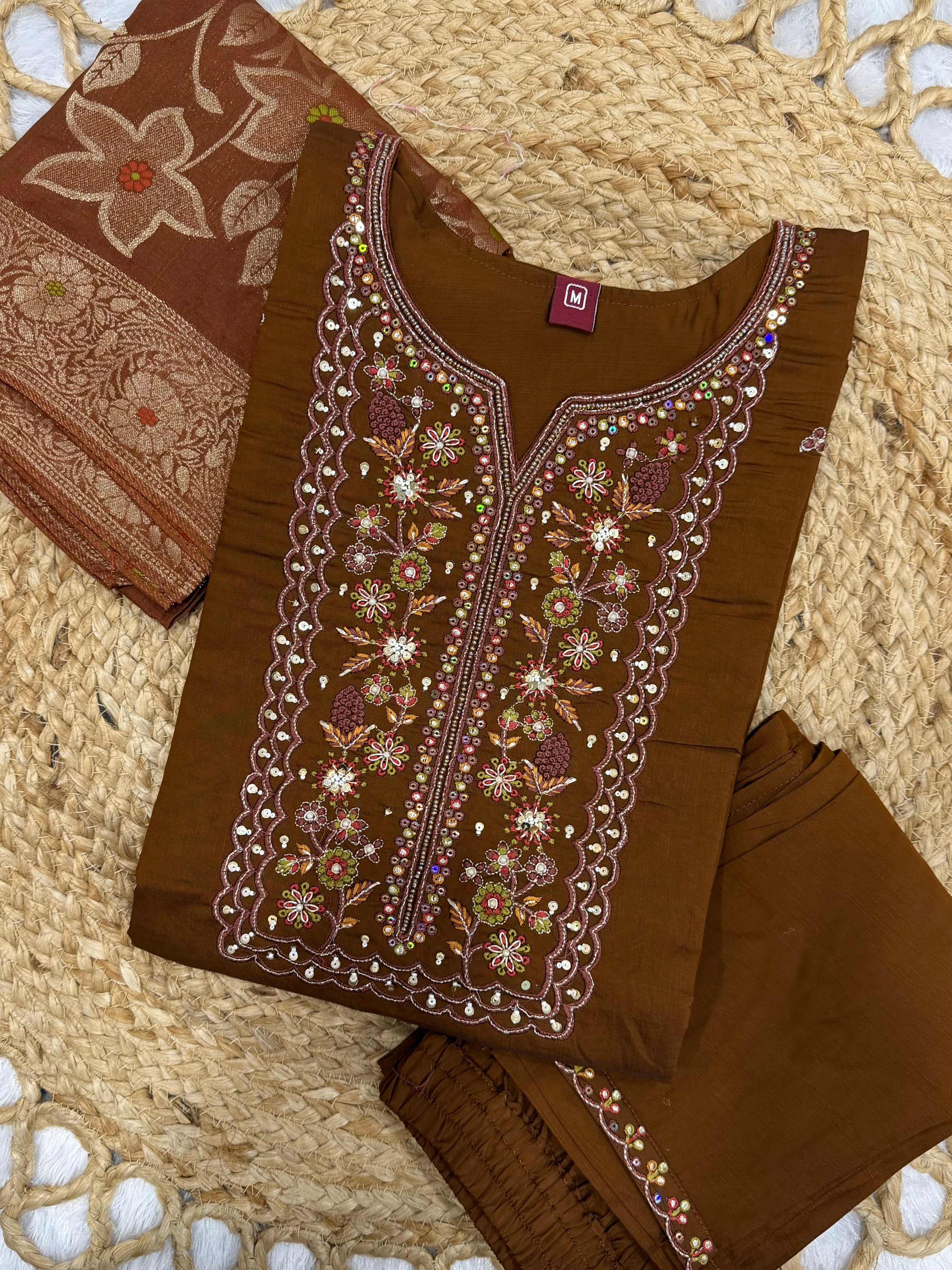 Pure Viscose Mango Silk Embroidered Straight Kurti Set – Coffee