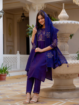 Pure Viscose Mango Silk Embroidered Straight Kurti Set – Violet