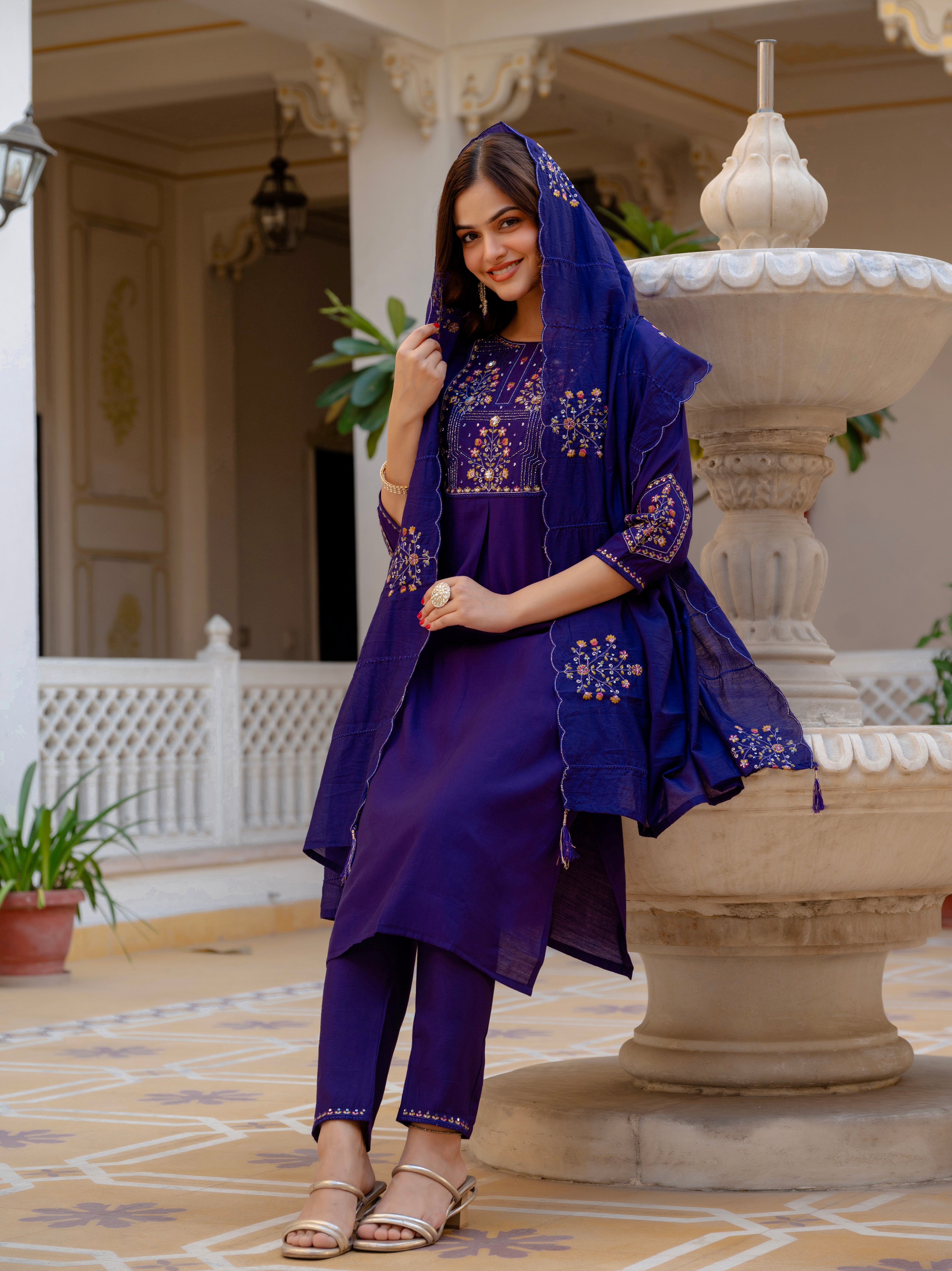 Pure Viscose Mango Silk Embroidered Straight Kurti Set – Violet