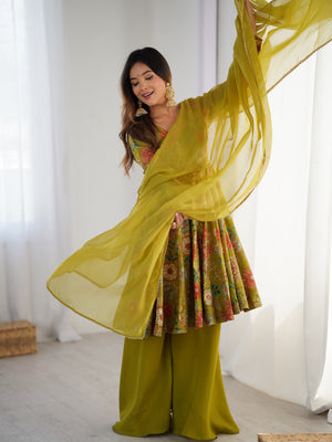 Roman Chanderi Silk Printed Kurta-Palazzo Set – Mehndi Green