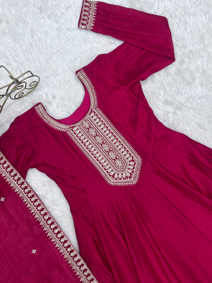 Vichitra Silk Embroidered Gown Set – Dark Pink