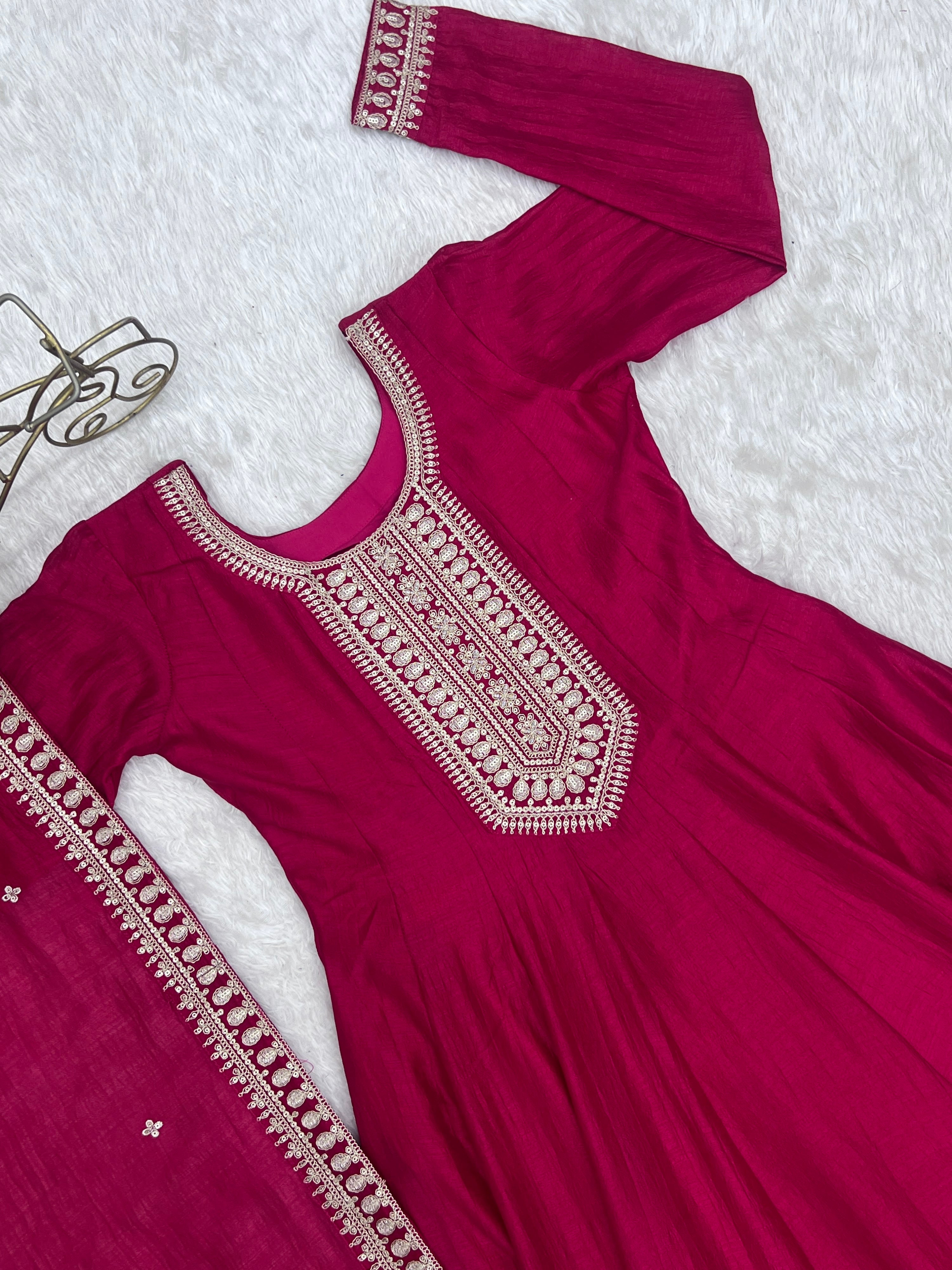 Vichitra Silk Embroidered Gown Set – Dark Pink