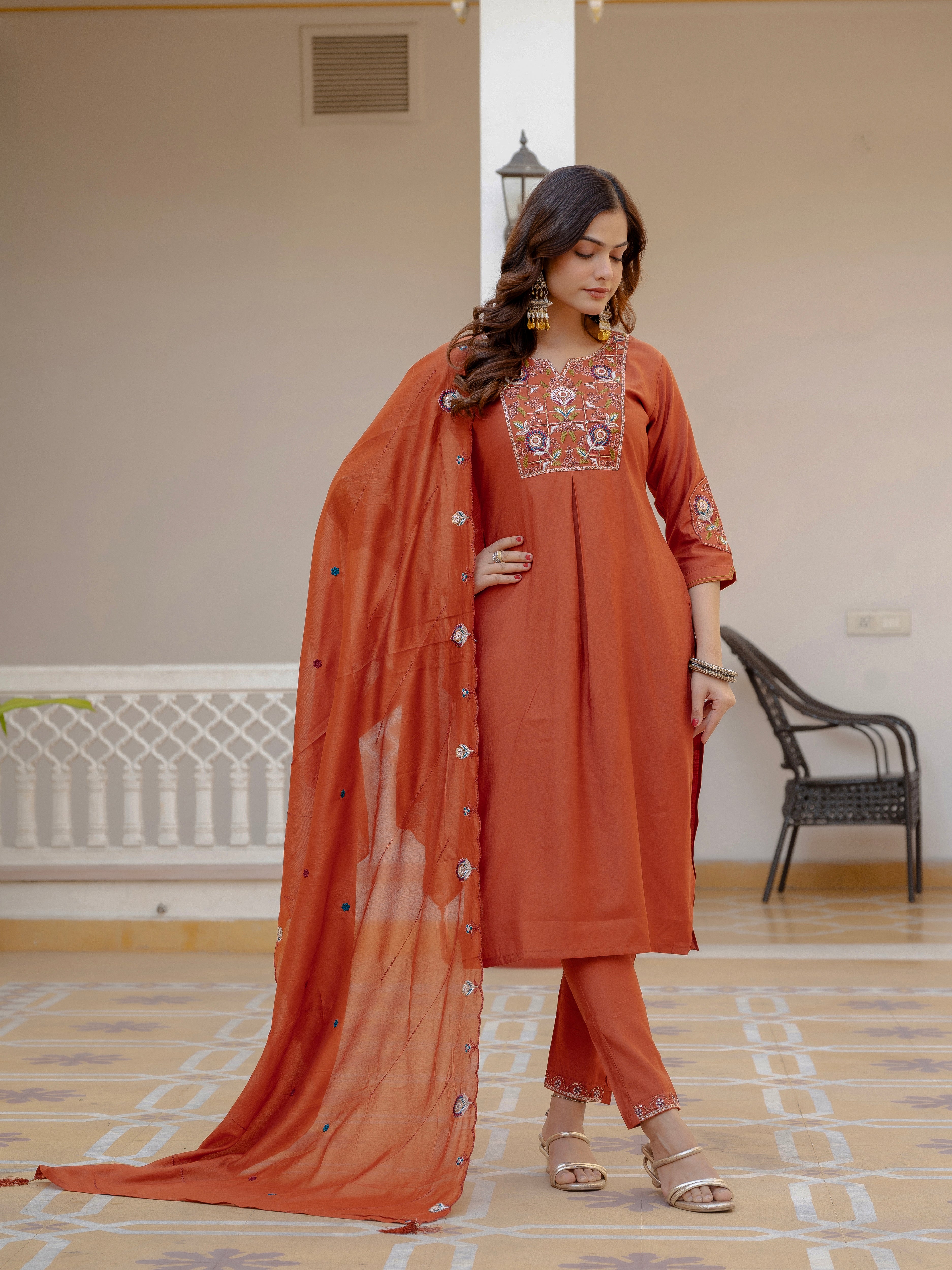 Pure Viscose Mango Silk Embroidered Straight Kurti Set – Rust