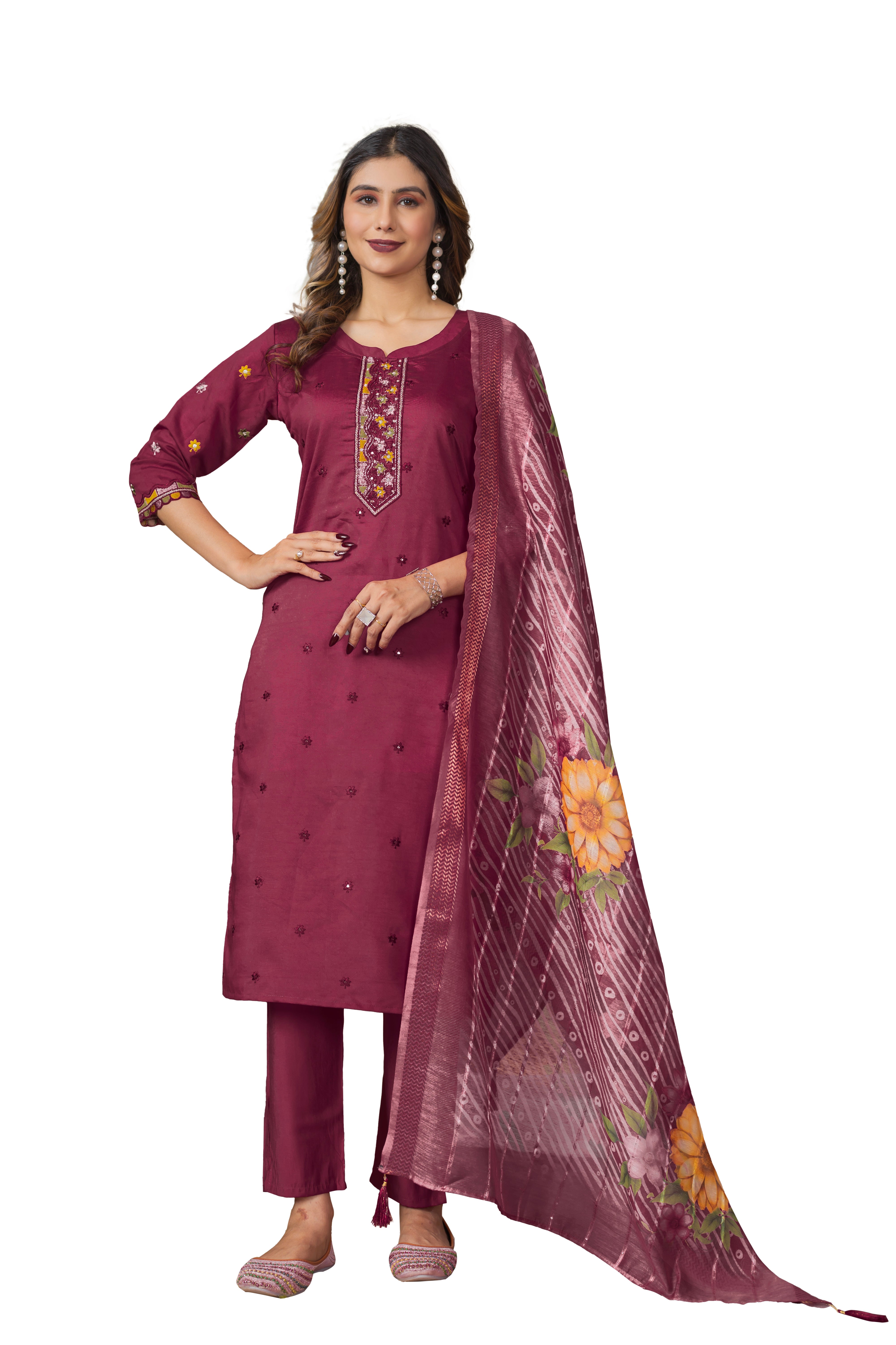 Roman Silk Embroidered Straight Kurti Set – Cerise