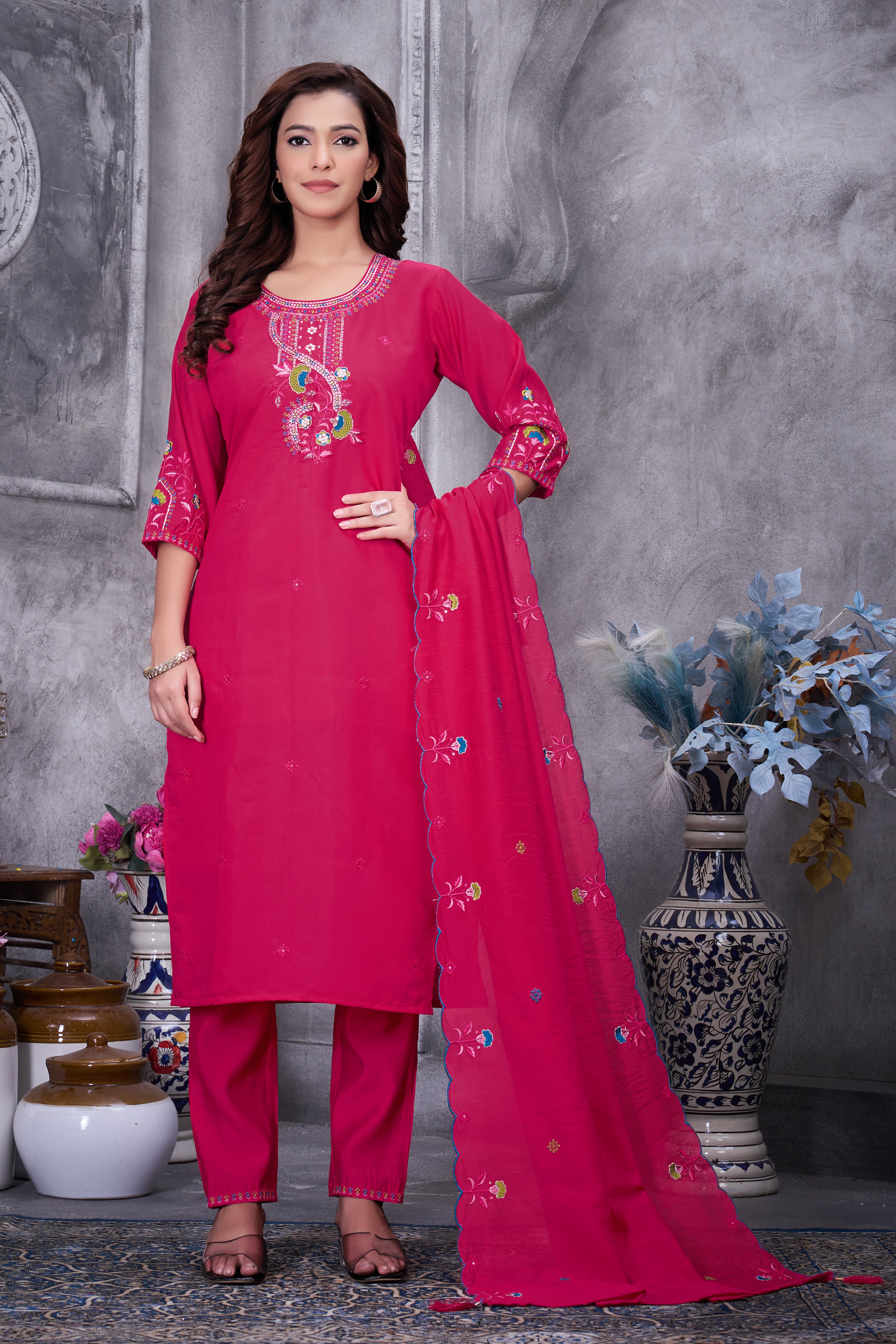 Roman Silk Embroidered Straight Kurti Set – Red