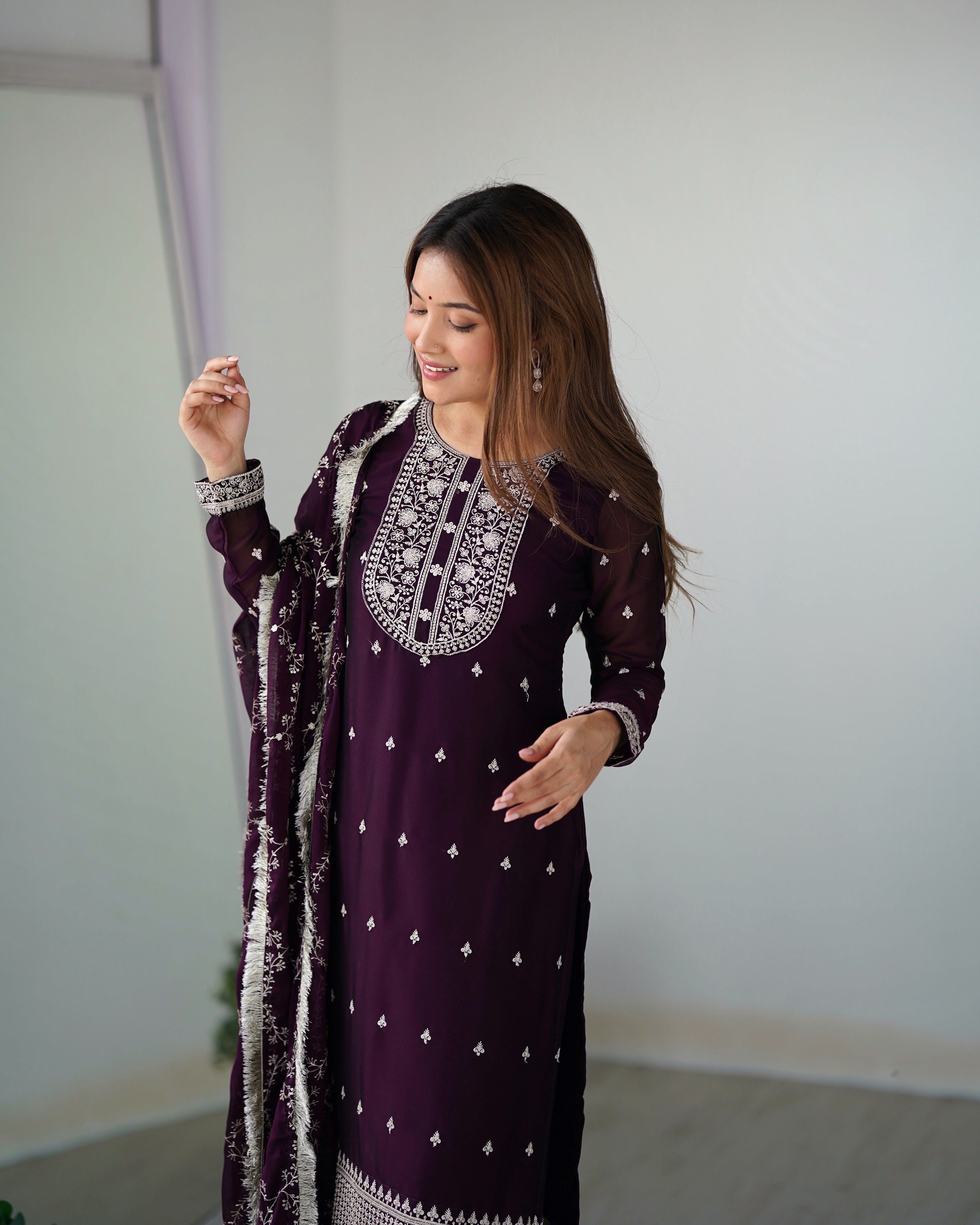 Rangoli Silk Embroidered Straight Kurta Set – Wine