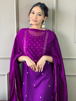Rayon Slub Embroidered Kurta Pant Dupatta Set – Violet