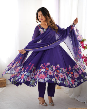 Organza Silk Printed Anarkali Set – Purple