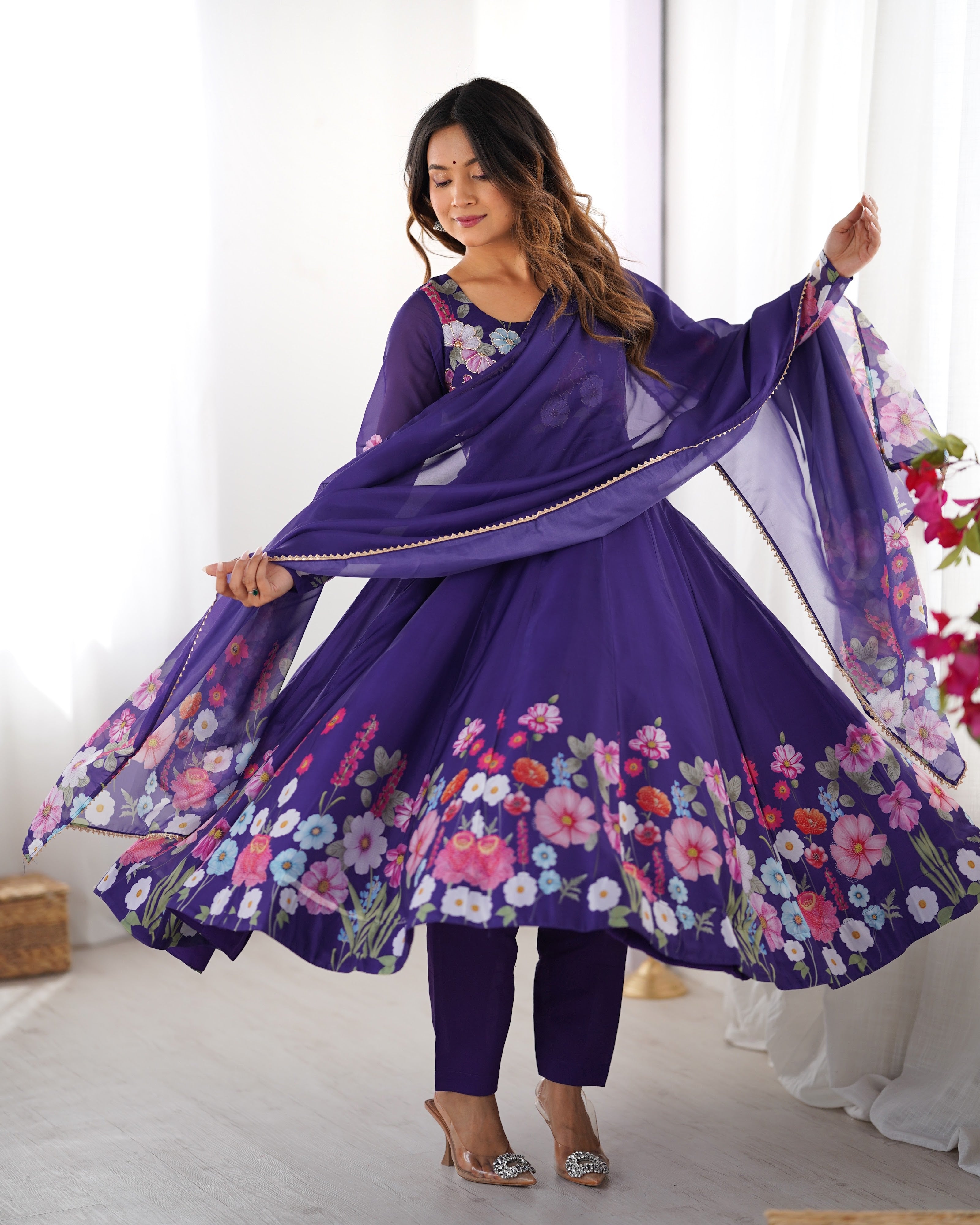 Organza Silk Printed Anarkali Set – Purple