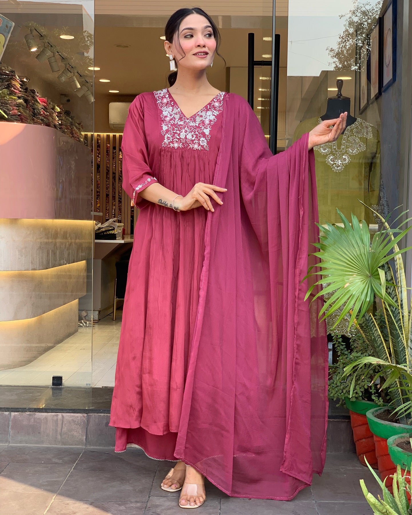Viscose Chinon Embroidered Kurta Pant Dupatta Set – Dusty Rose