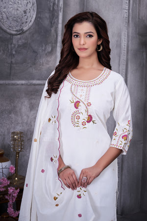 Roman Silk Embroidered Straight Kurti Set – White