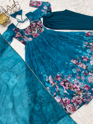 Organza Silk Printed Anarkali Set – Blue