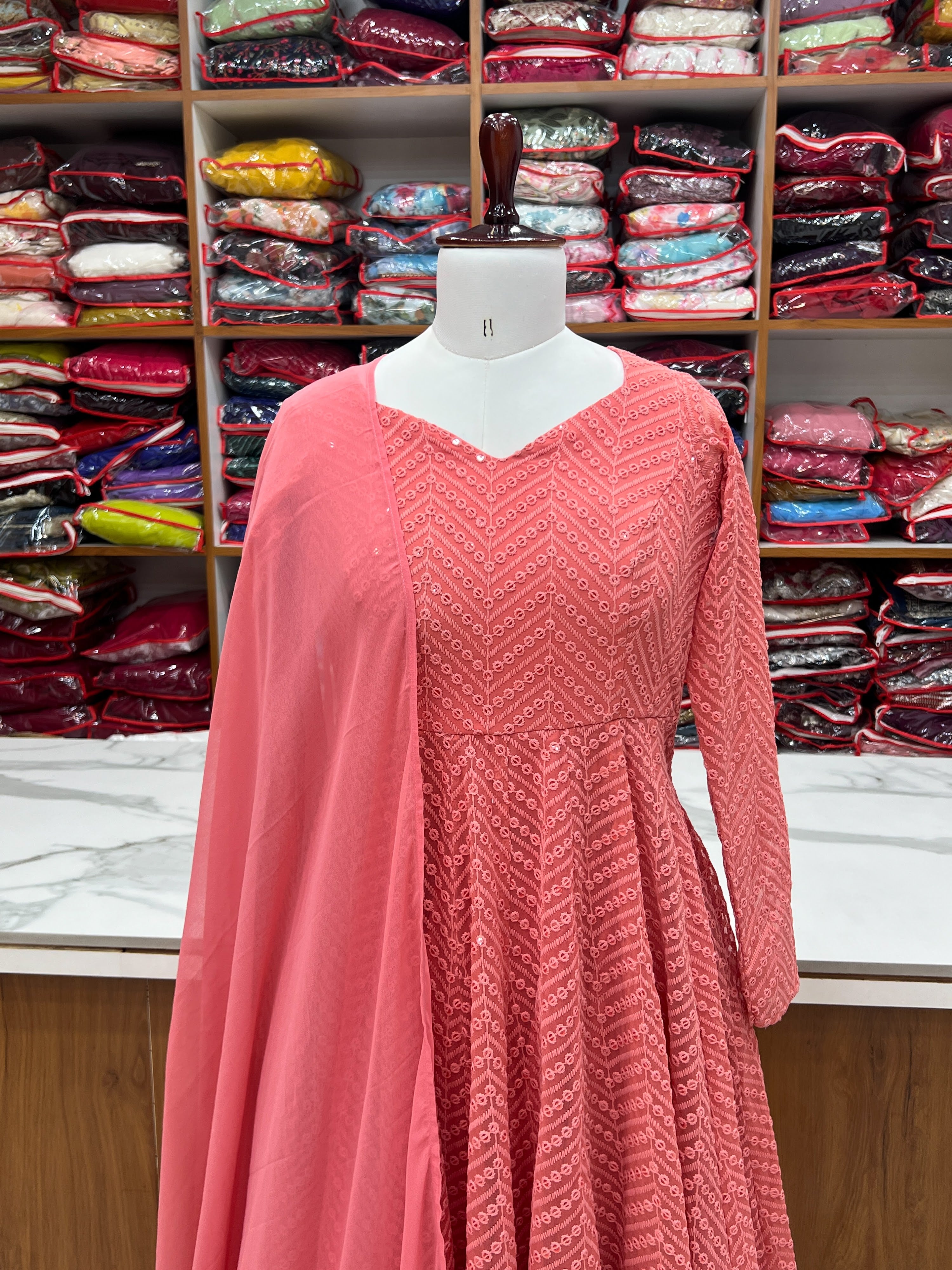 Georgette Embroidered Anarkali Set – Peach
