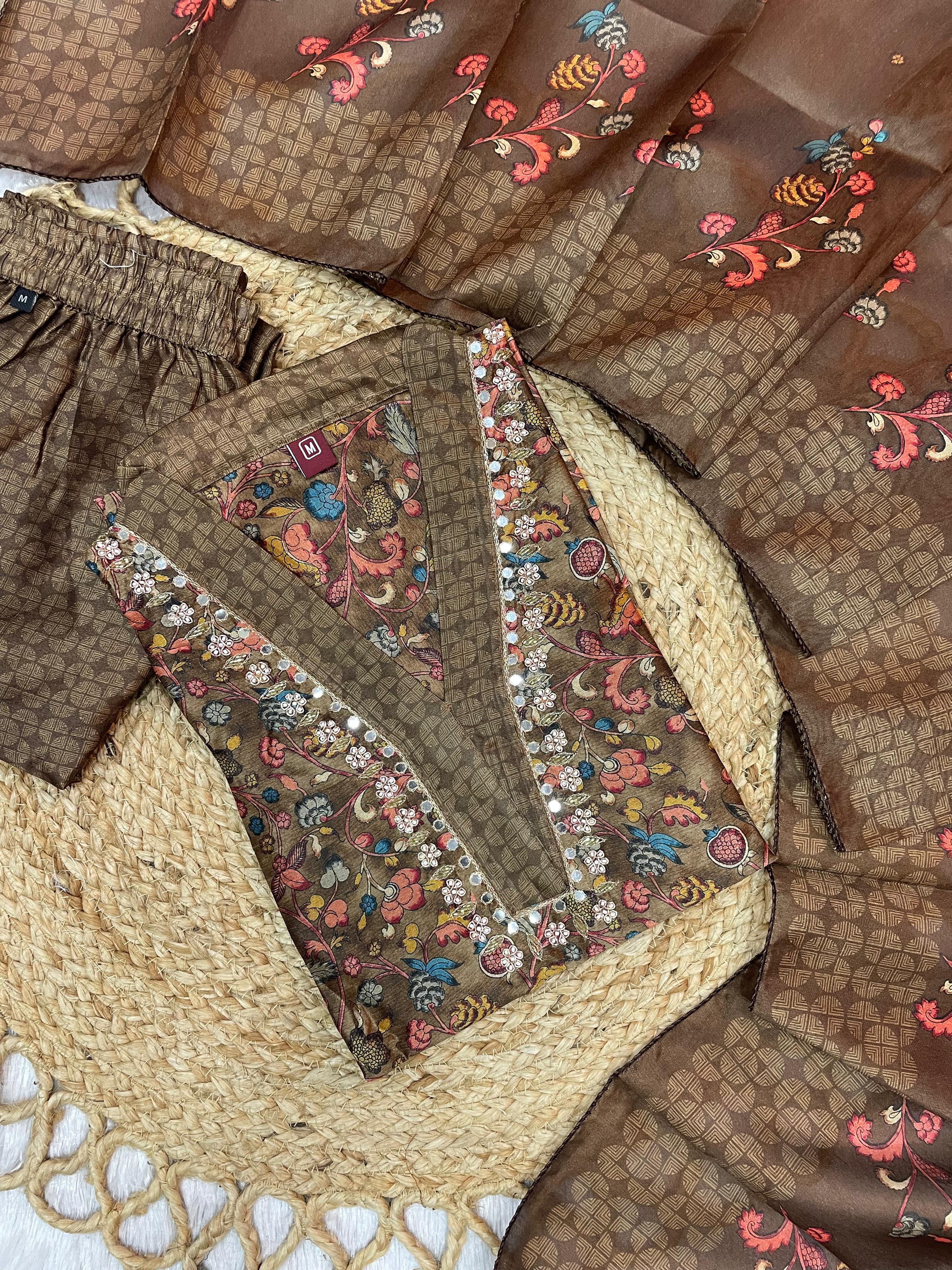 Zarna Silk Embroidered Straight Kurti Set – Coffee Brown