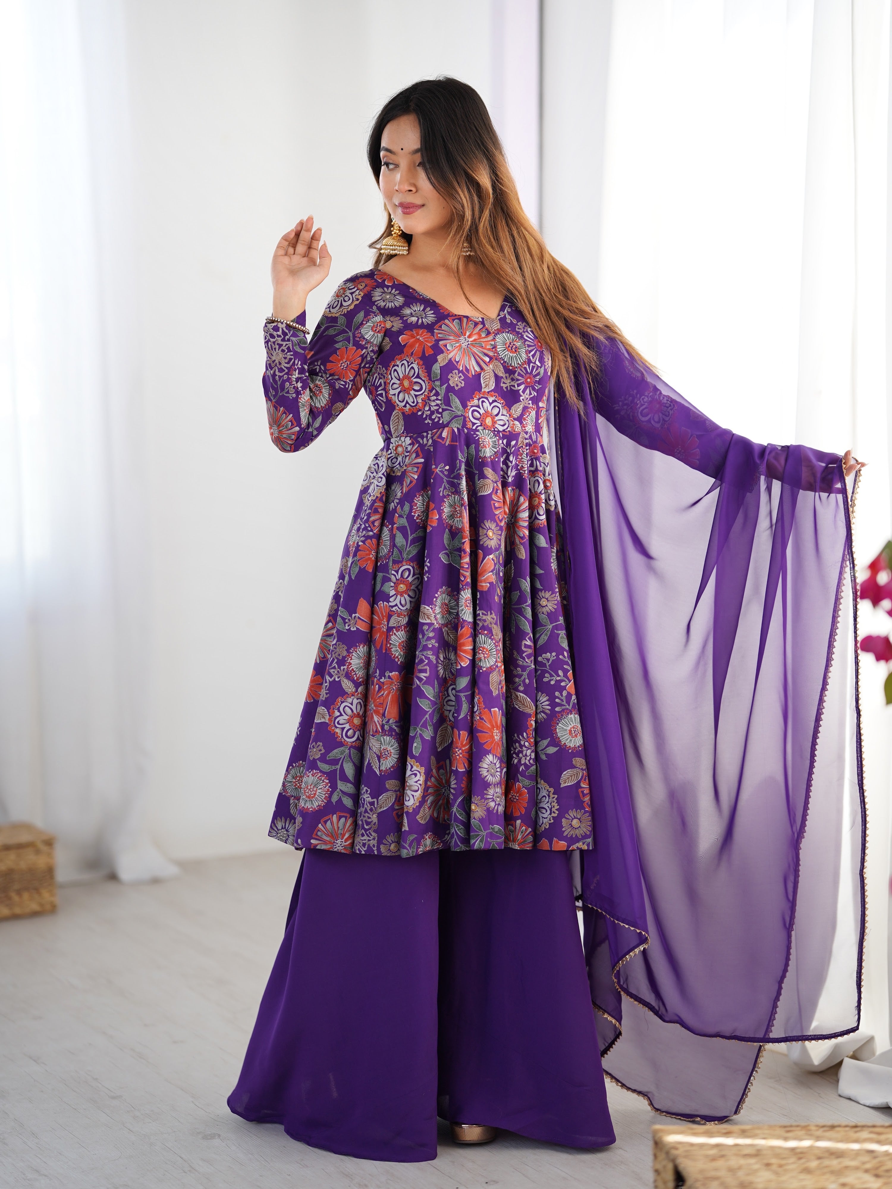 Roman Chanderi Silk Printed Kurta-Palazzo Set – Purple