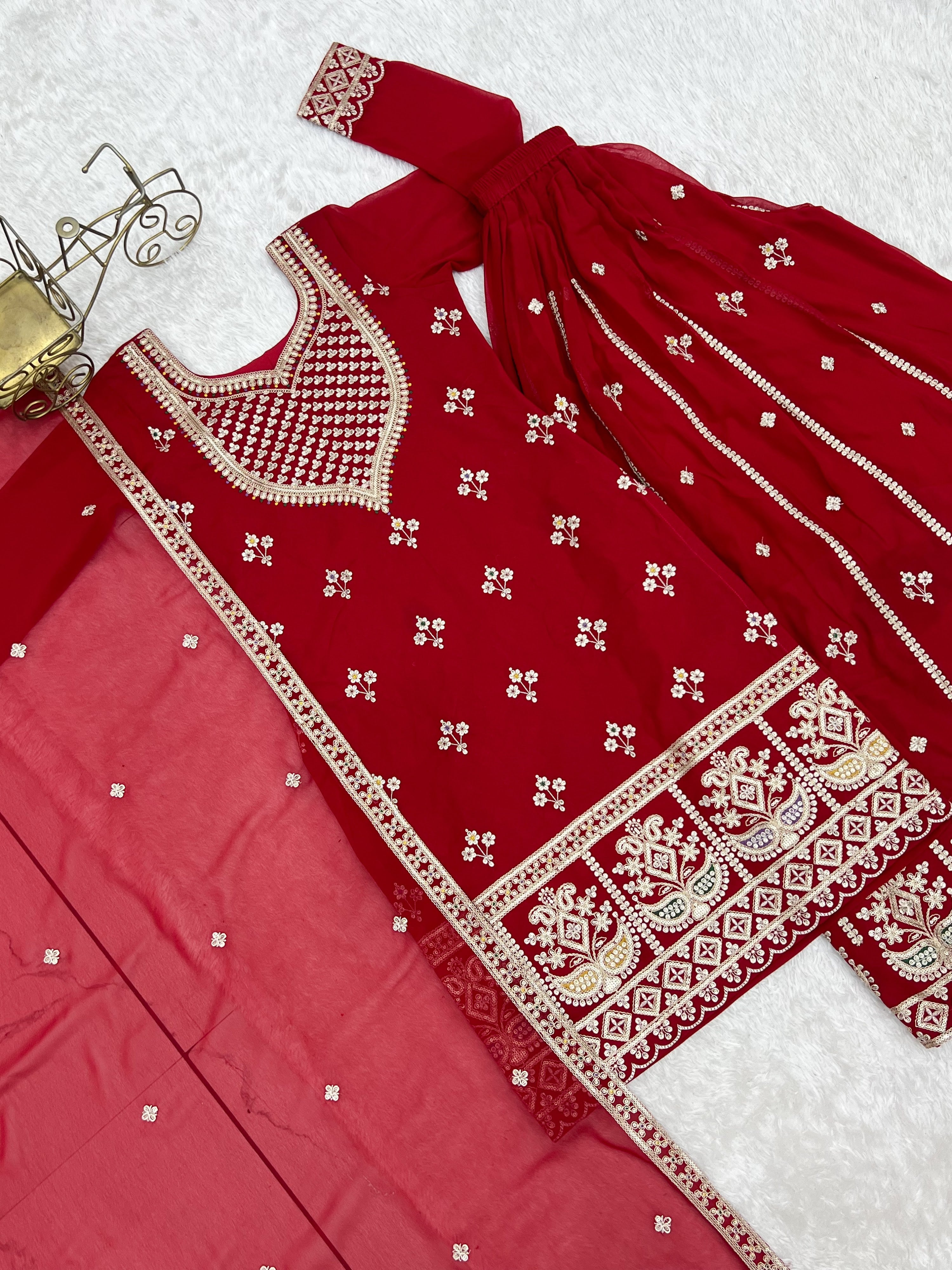 Georgette Embroidered Kurta-Sharara Set – Red