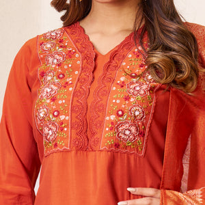 Roman Silk Embroidered Straight Kurti Set – Rust