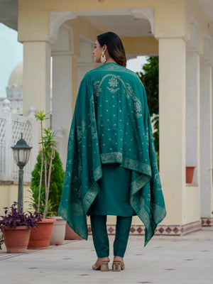 Premium Roman Silk Embroidered Straight Kurti Set – Rama Green