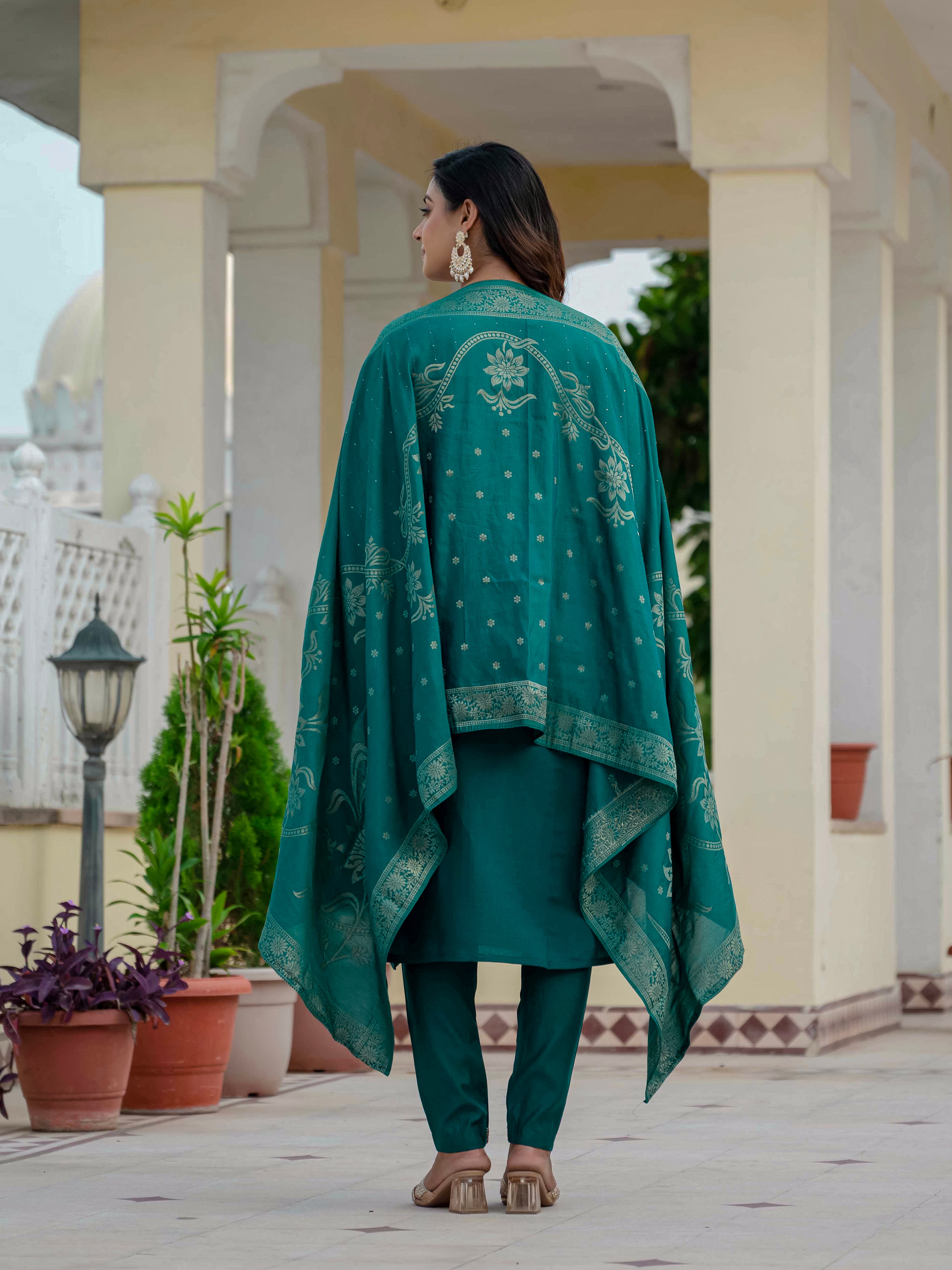 Premium Roman Silk Embroidered Straight Kurti Set – Rama Green