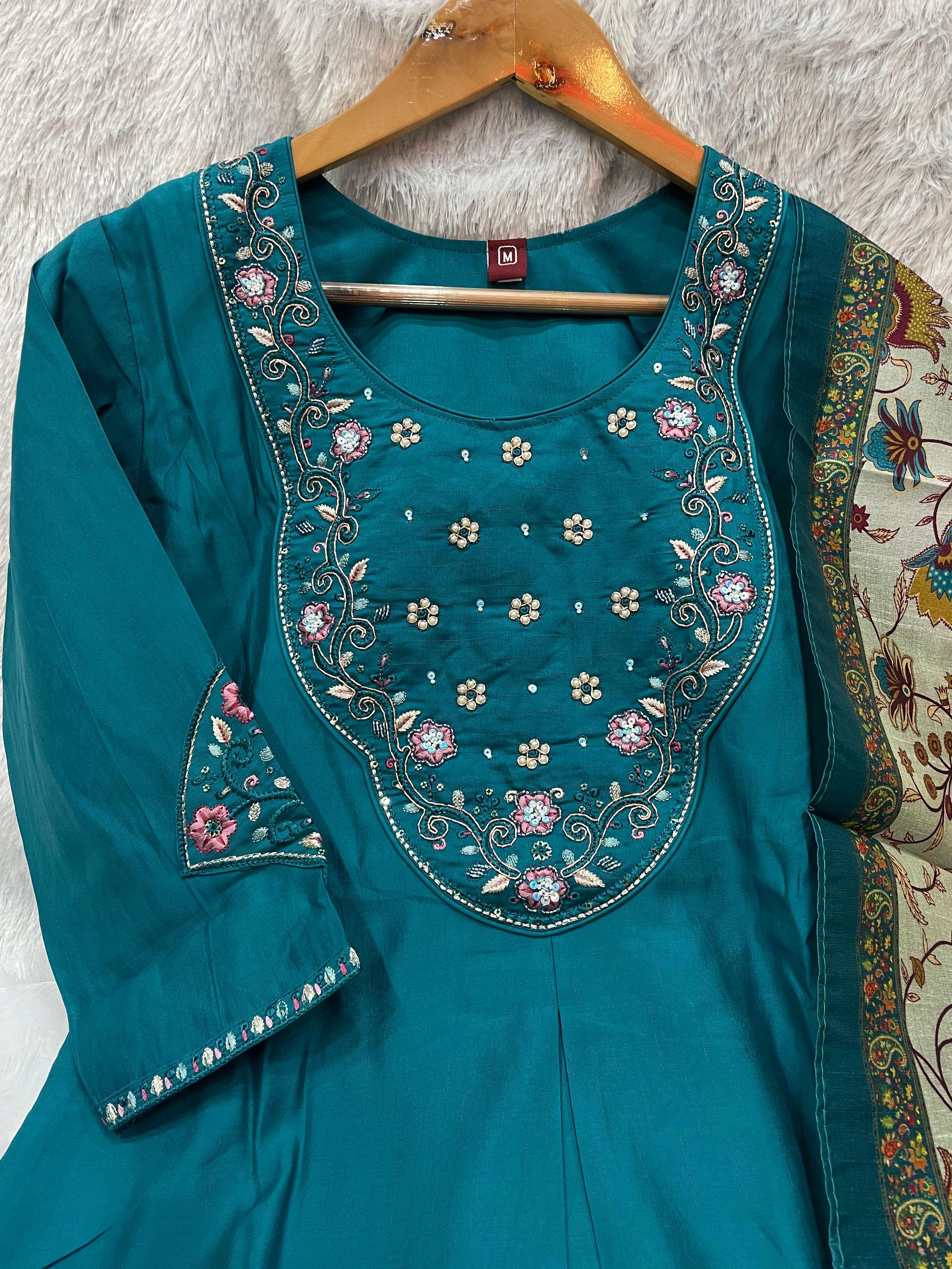 Premium Marina Silk Embroidered Straight Kurti Set – Firozi