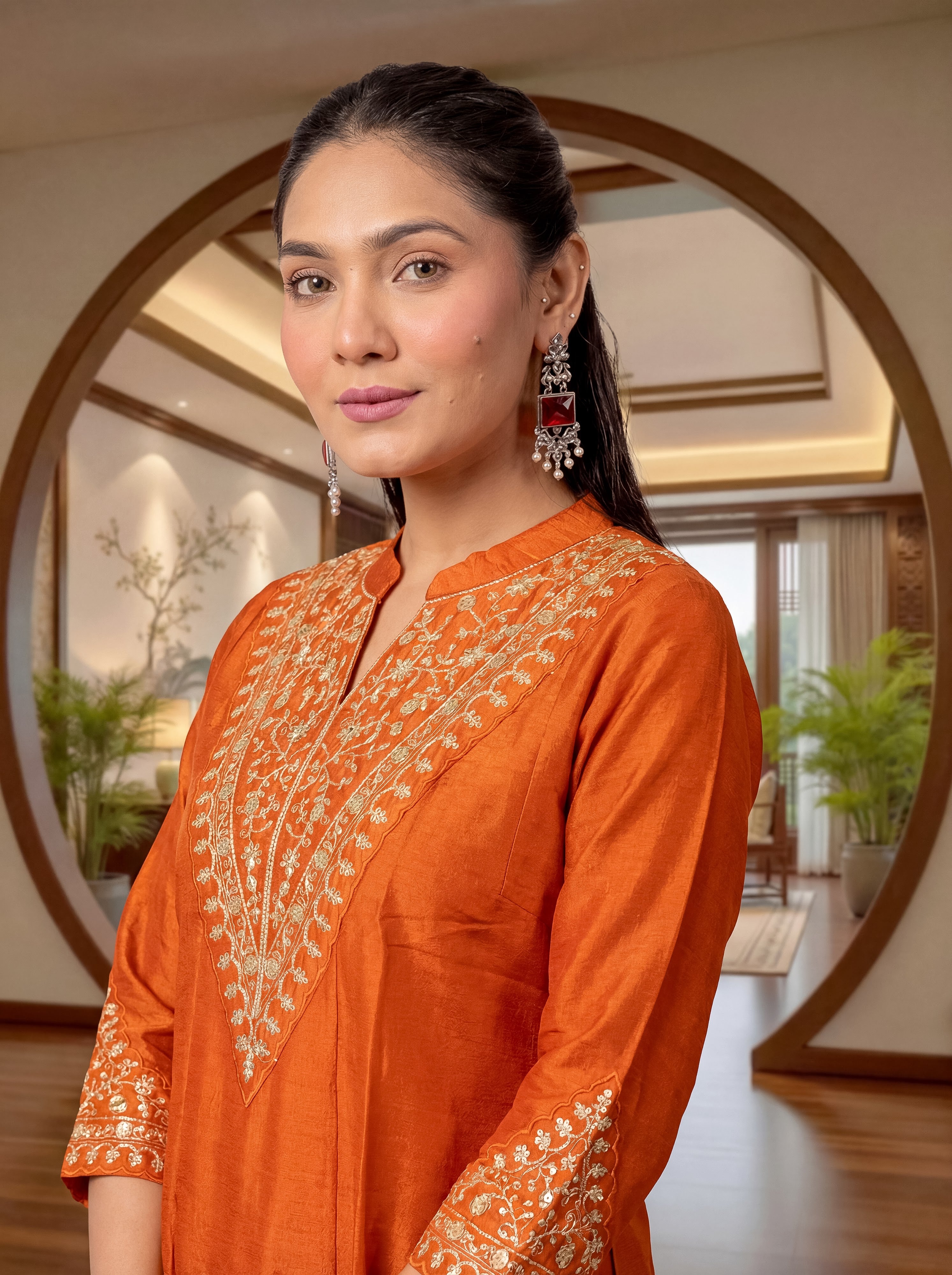 Cp Vichitra Silk Embroidered Kurta Pant Dupatta Set – Rust Orange