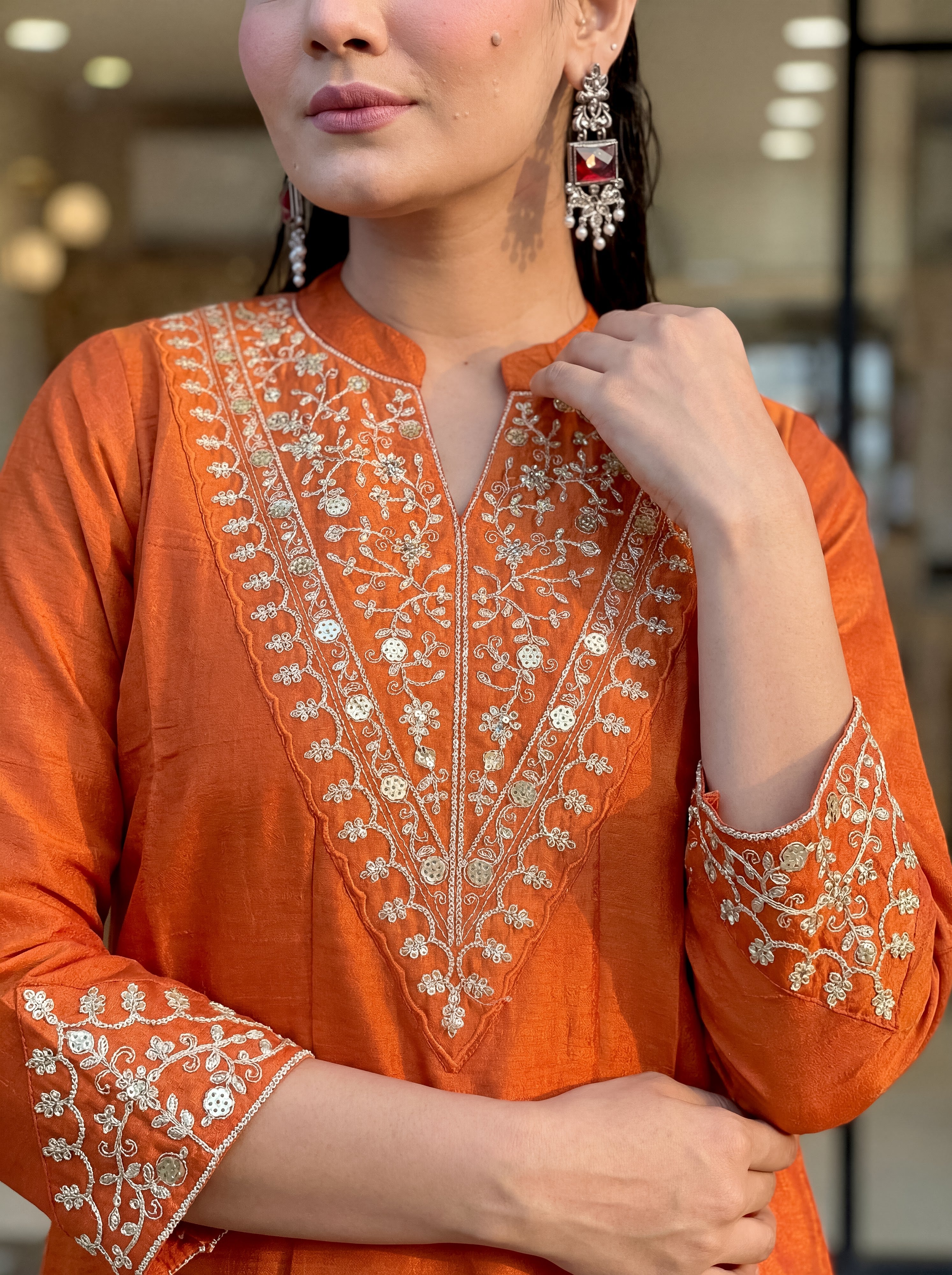 Cp Vichitra Silk Embroidered Kurta Pant Dupatta Set – Rust Orange