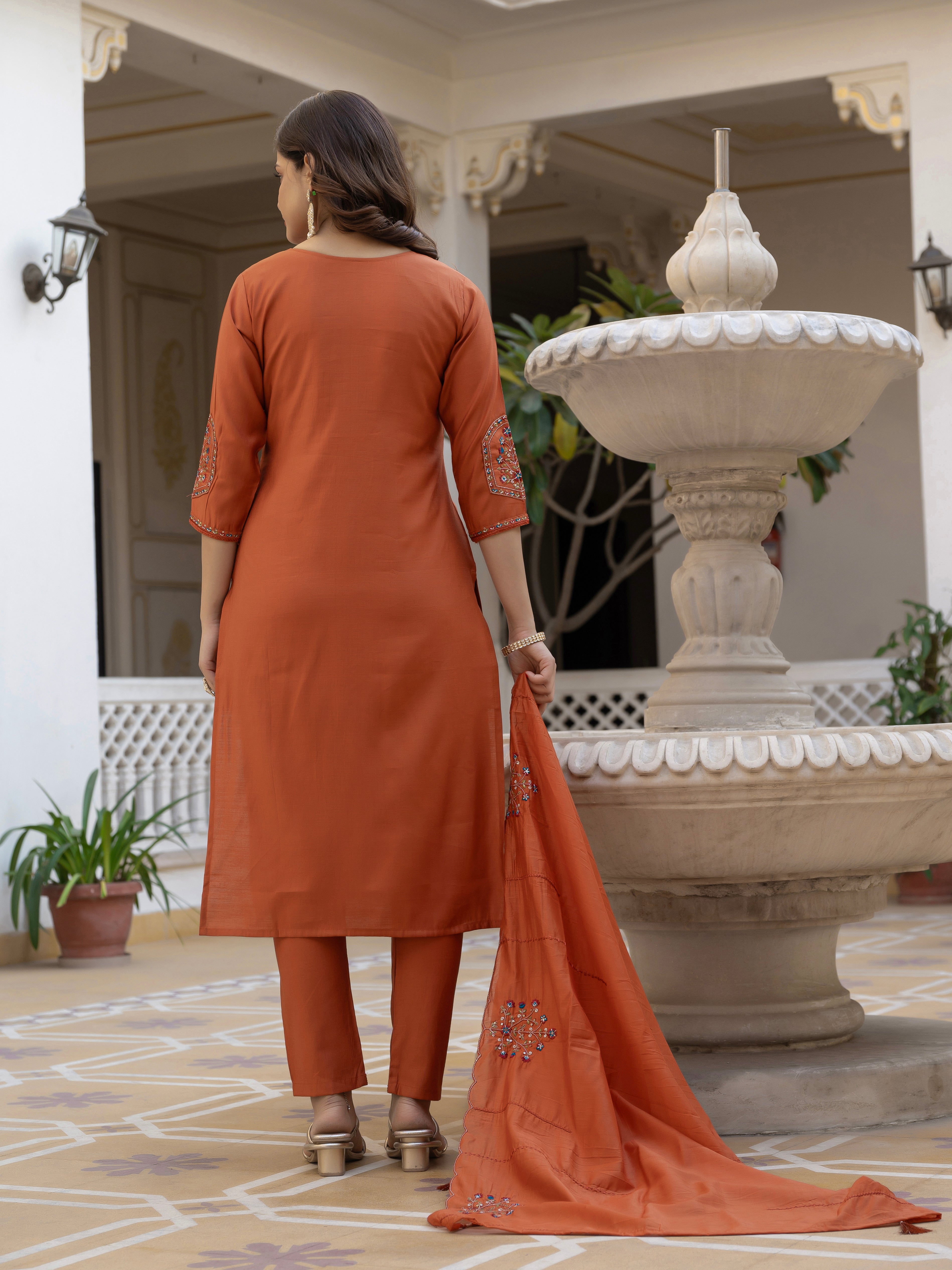 Pure Viscose Mango Silk Embroidered Straight Kurti Set – Rust