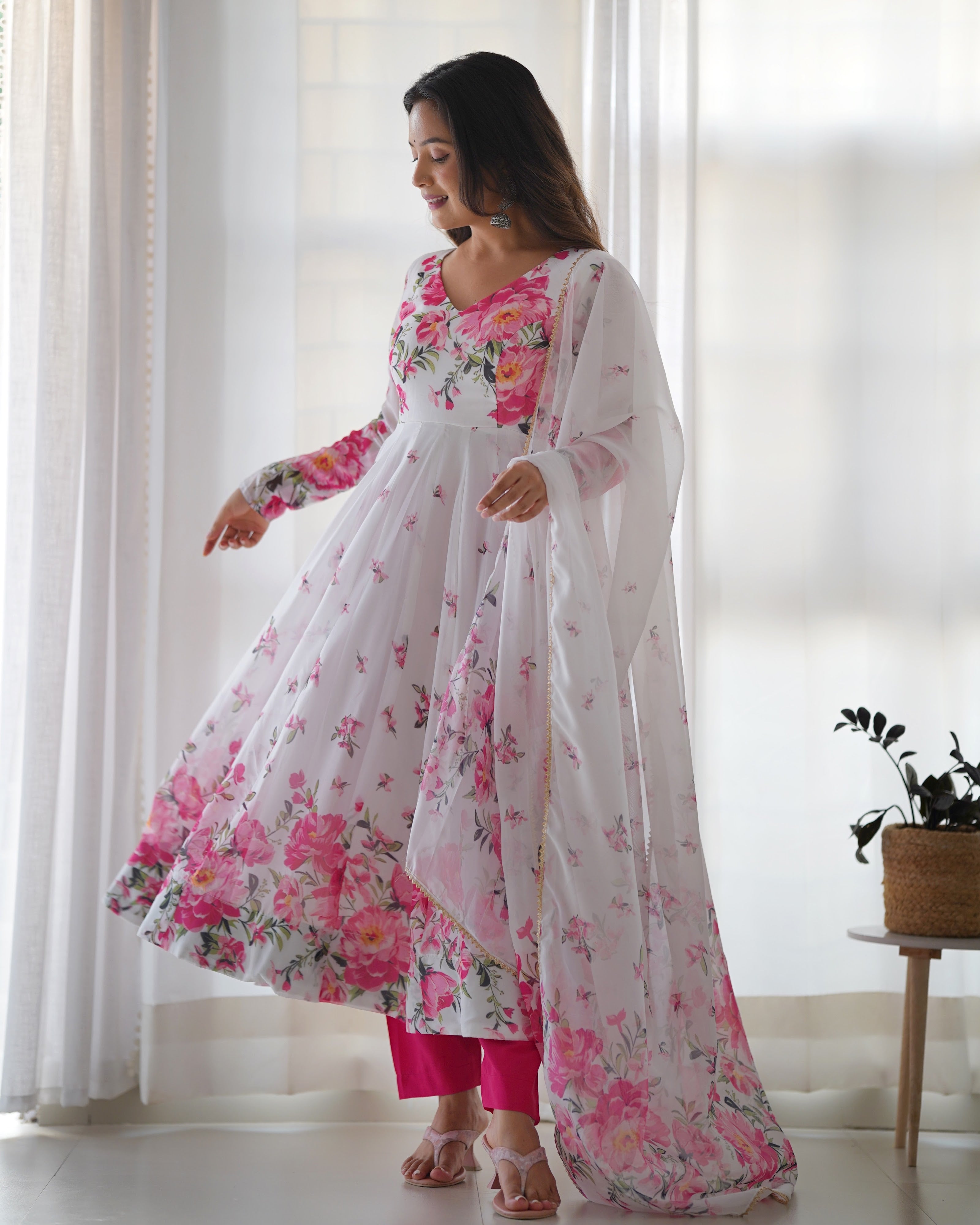 Organza Silk Printed Anarkali Set – Ivory Floral