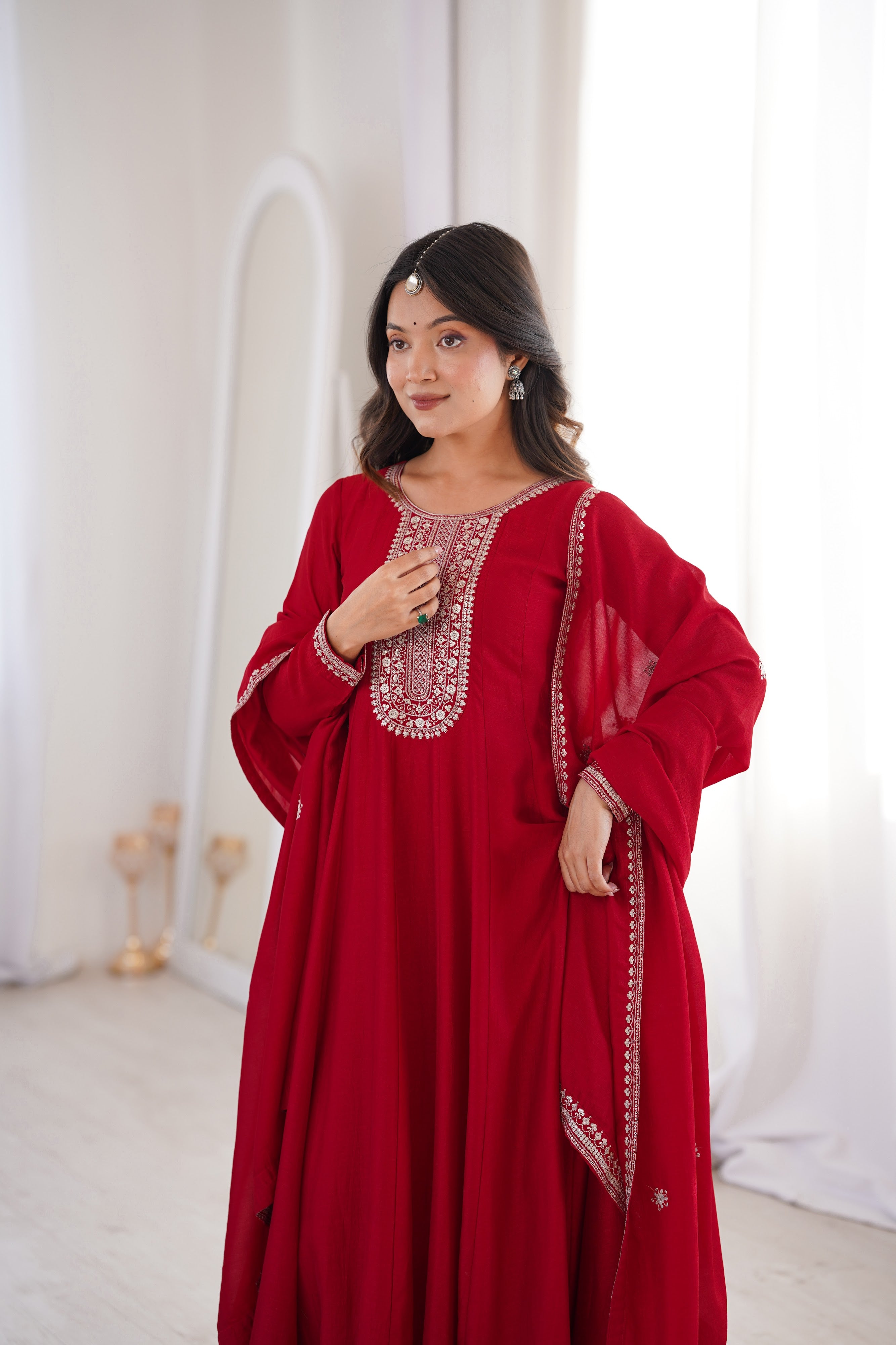 Vichitra Silk Embroidered Gown Set – Dark Red
