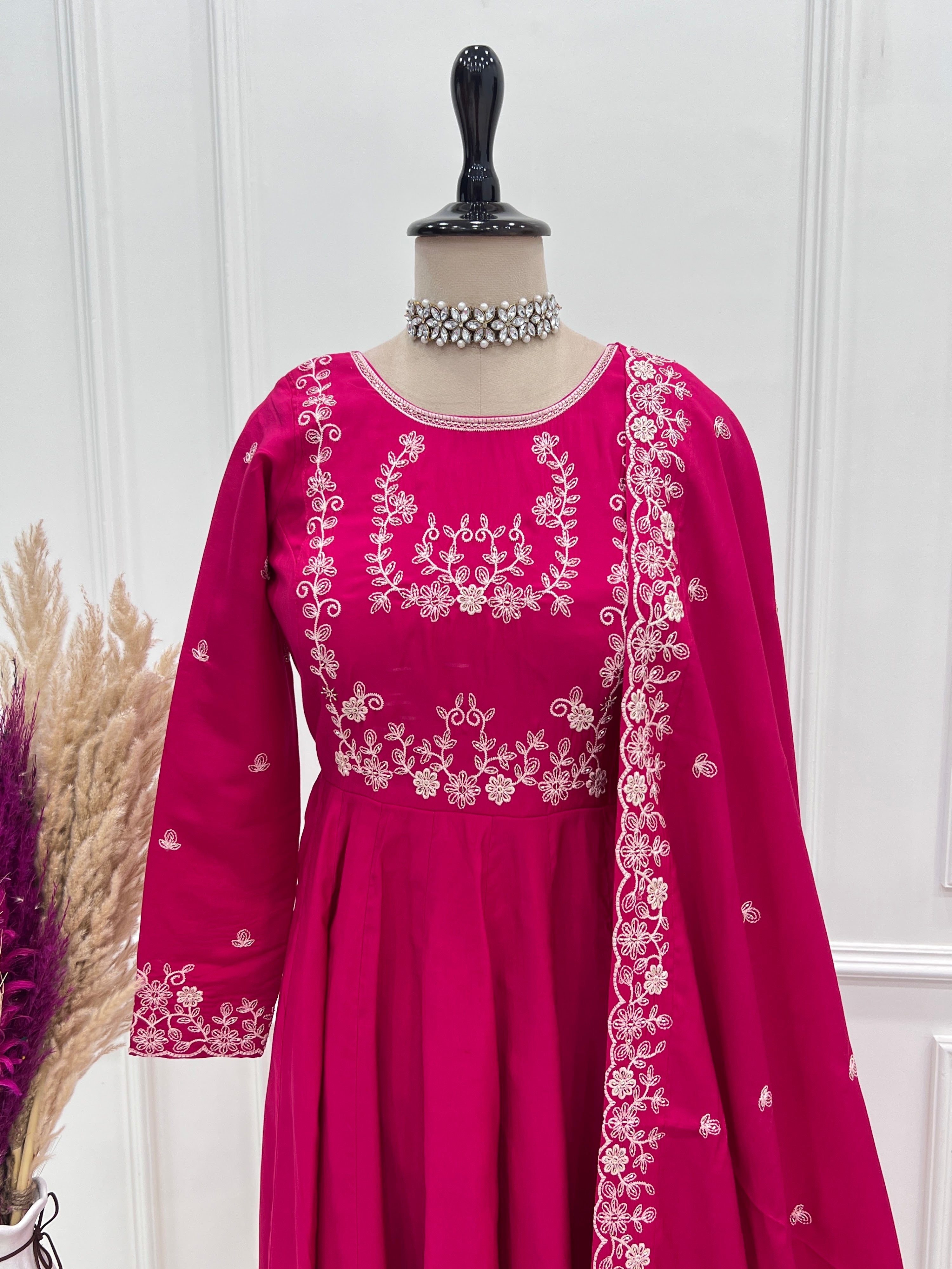 Roman Shimmer Silk Embroidered Anarkali Set – Rani Pink