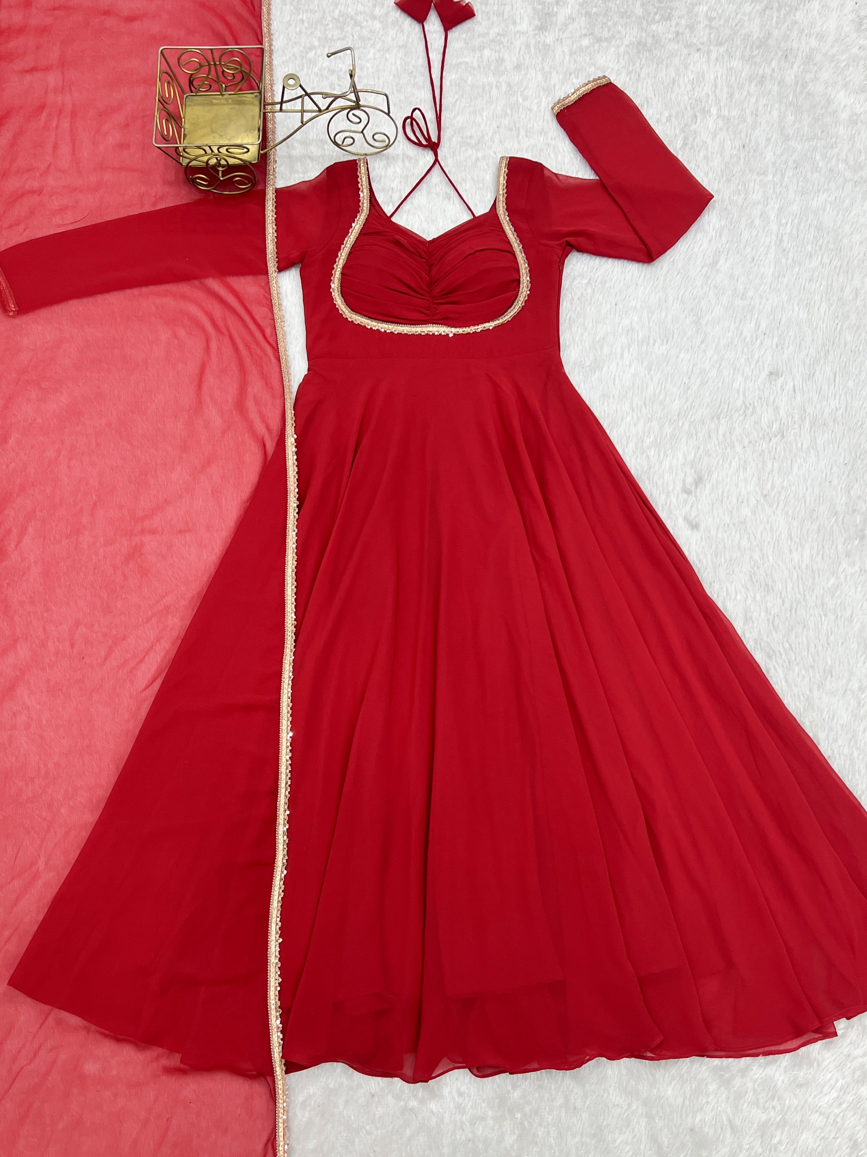 Georgette Embroidered Gown Set – Red