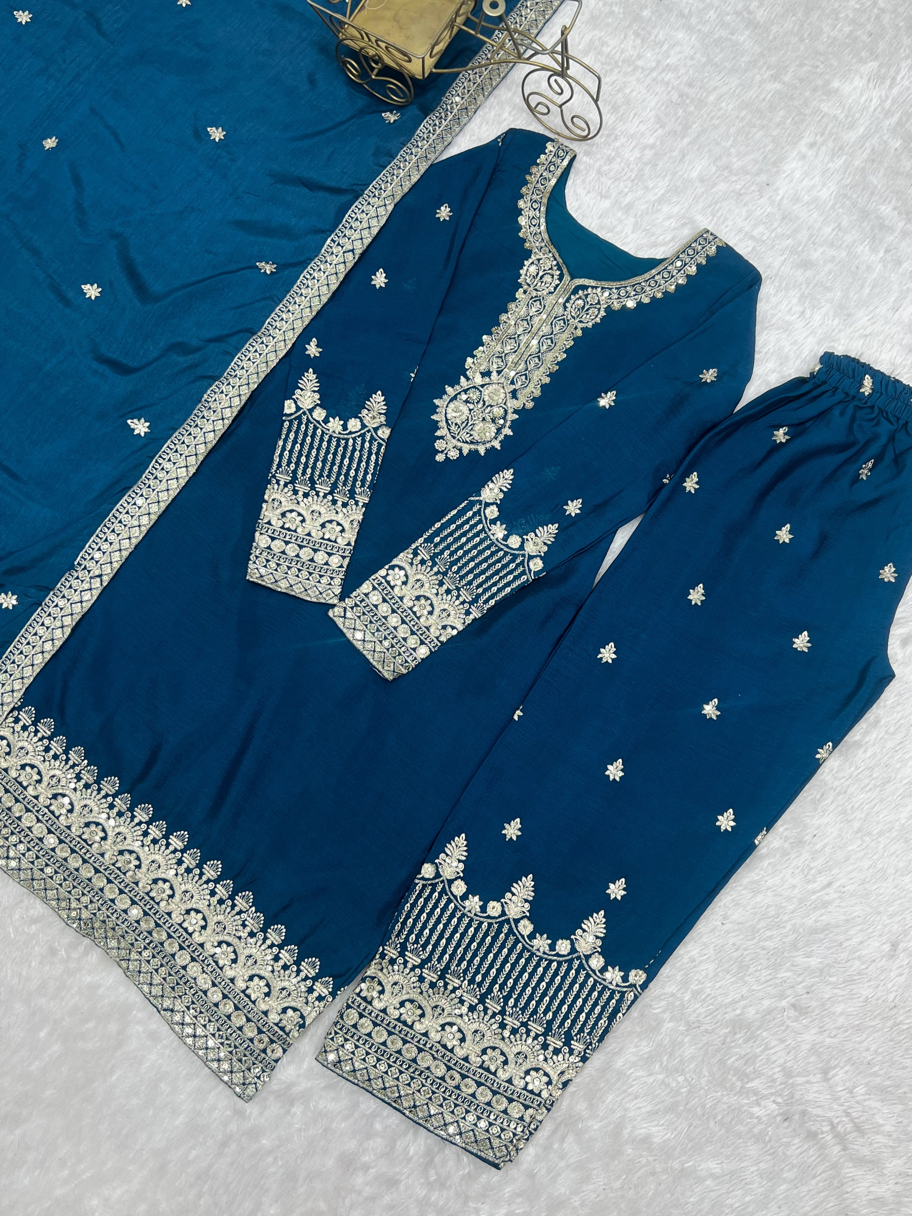 Chinon Silk Embroidered Straight Kurta Set – Navy Blue
