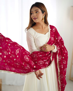Vichitra Silk Designer Anarkali Set – Ivory & Rani Pink