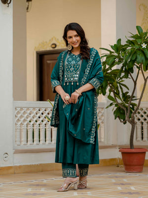 Viscose Roman Silk Embroidered Anarkali Kurti Set – Teal