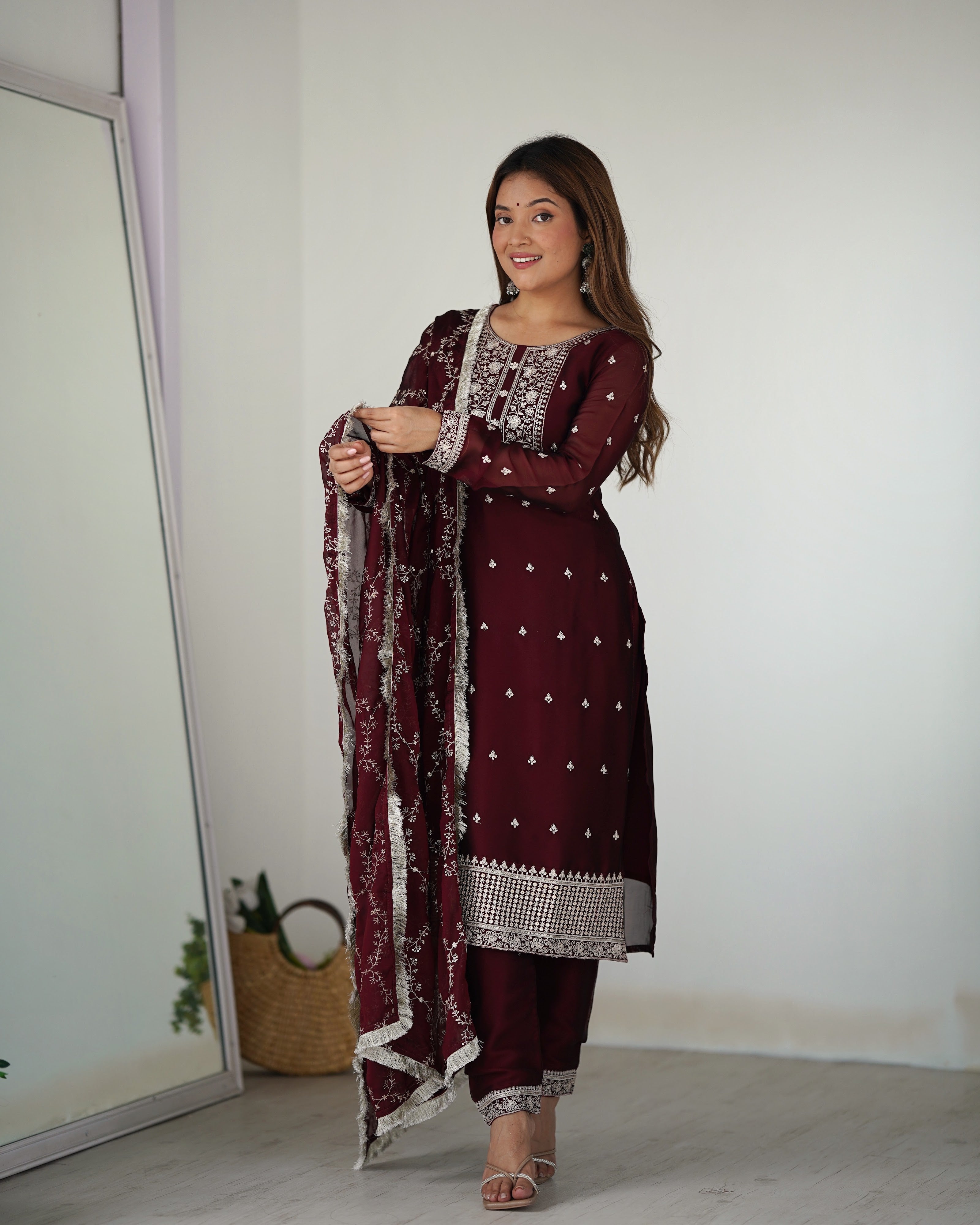 Rangoli Silk Embroidered Straight Kurta Set – Maroon