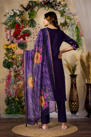 Roman Silk Embroidered Straight Kurti Set – Purple