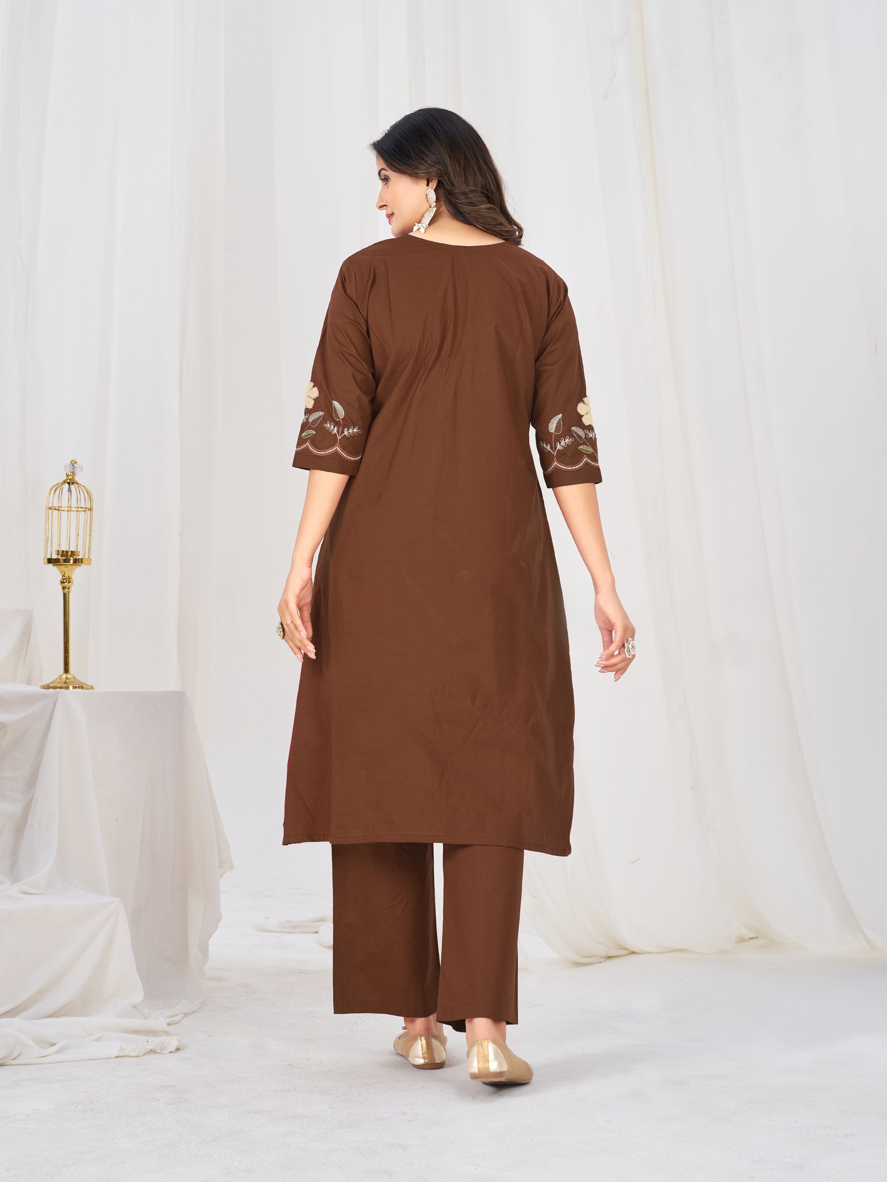 Pure Cotton Embroidered Anarkali Kurti Set – Coffee