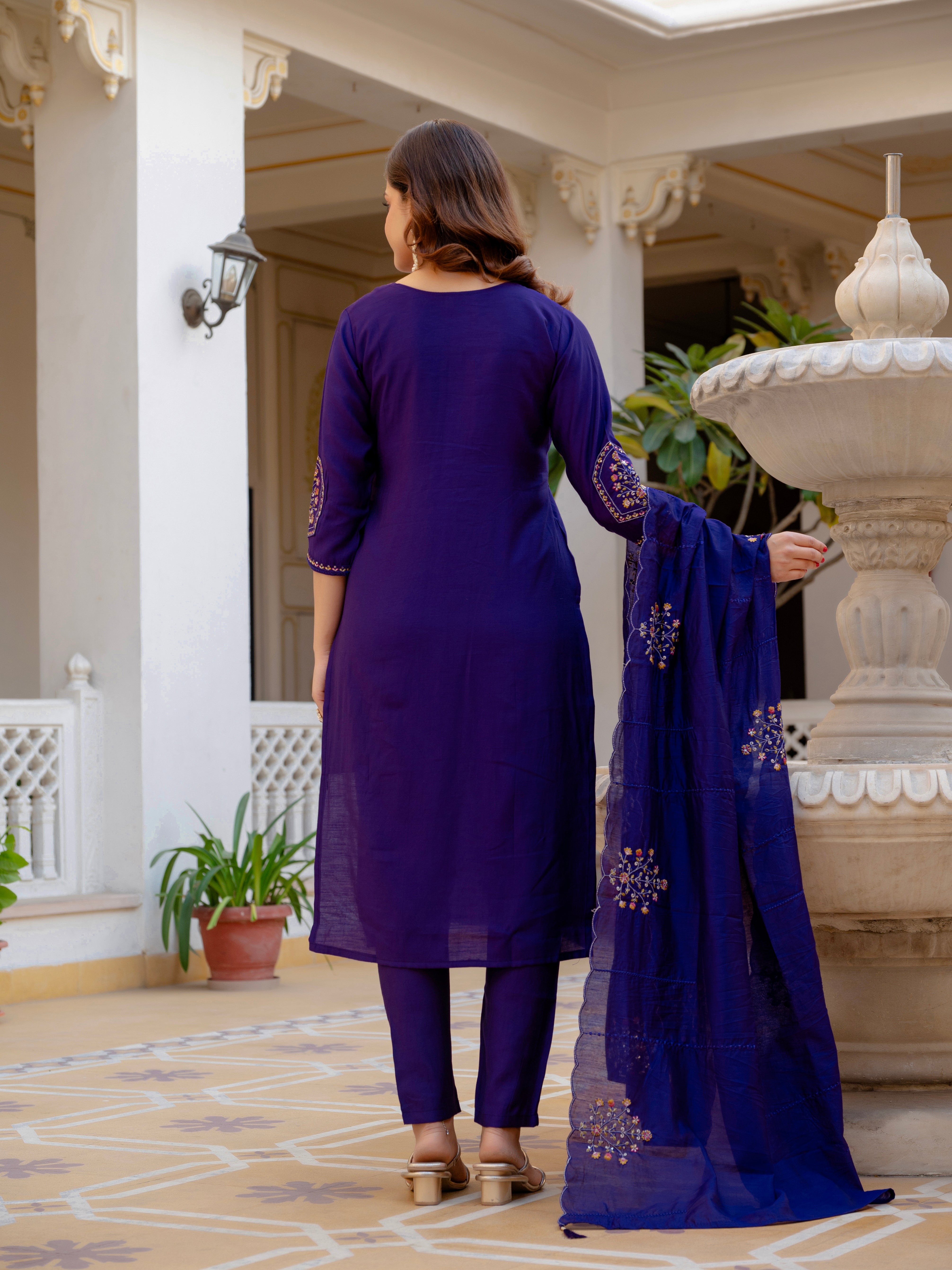 Pure Viscose Mango Silk Embroidered Straight Kurti Set – Violet