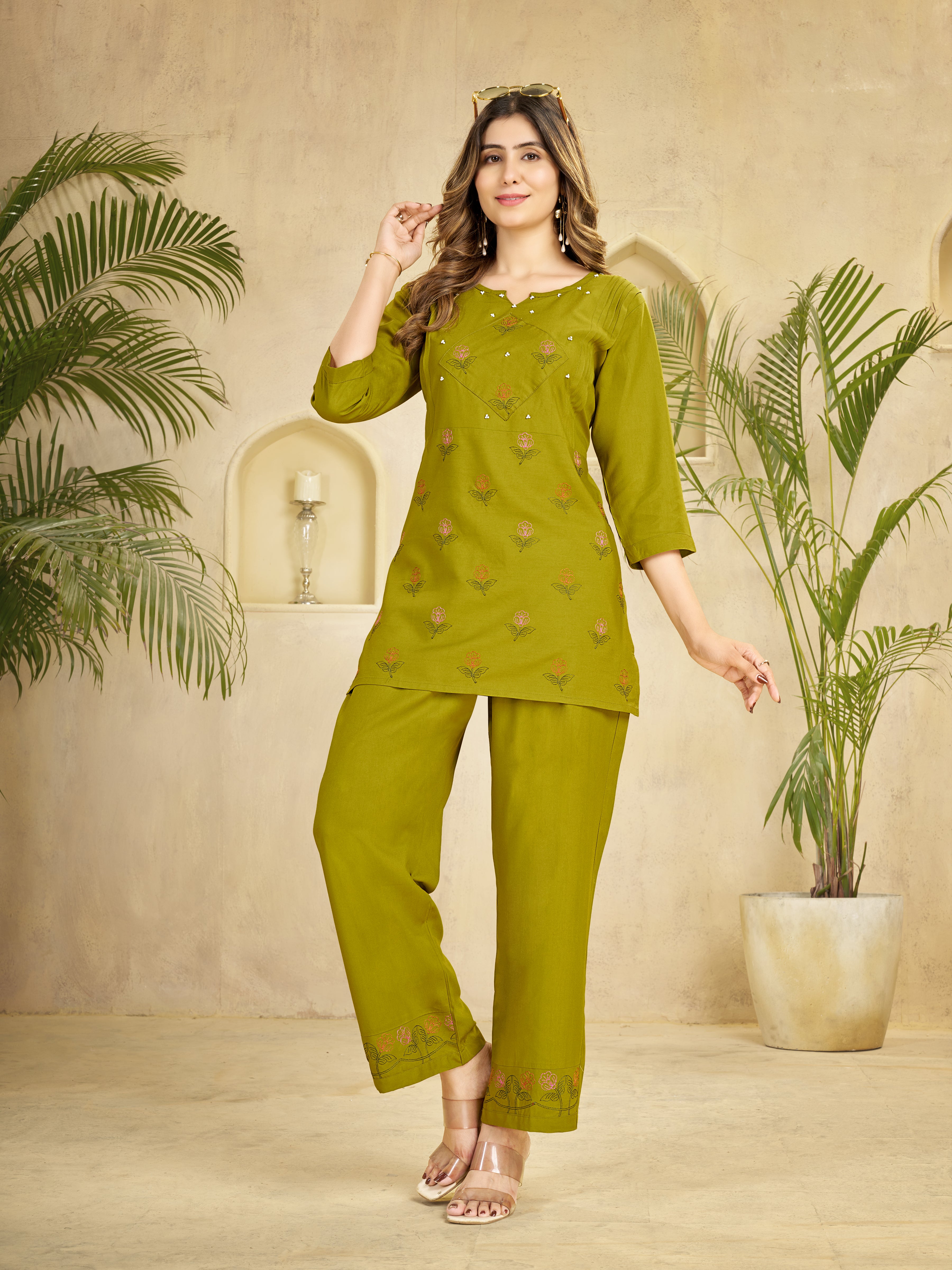 Heavy Rayon Embroidered Co-Ords Set – Mehndi